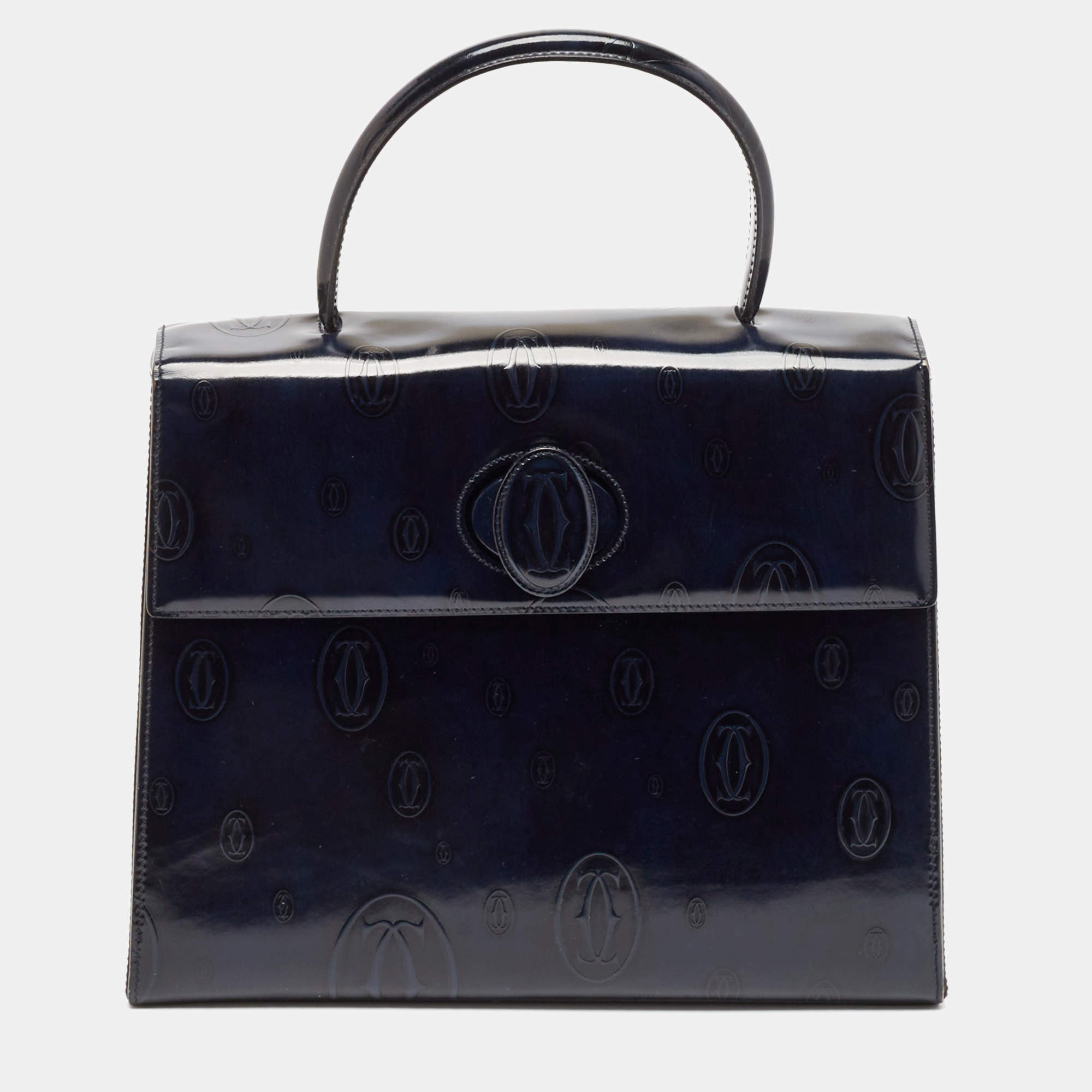 Pre Owned Cartier Navy Blue Patent Leather Happy Birthday Top Handle Bag