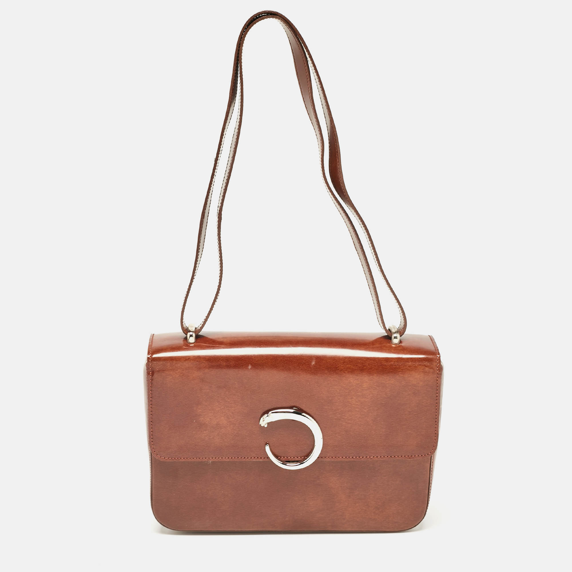 Pre Owned Cartier Brown Glossy Leather Panthere de Cartier Shoulder Bag