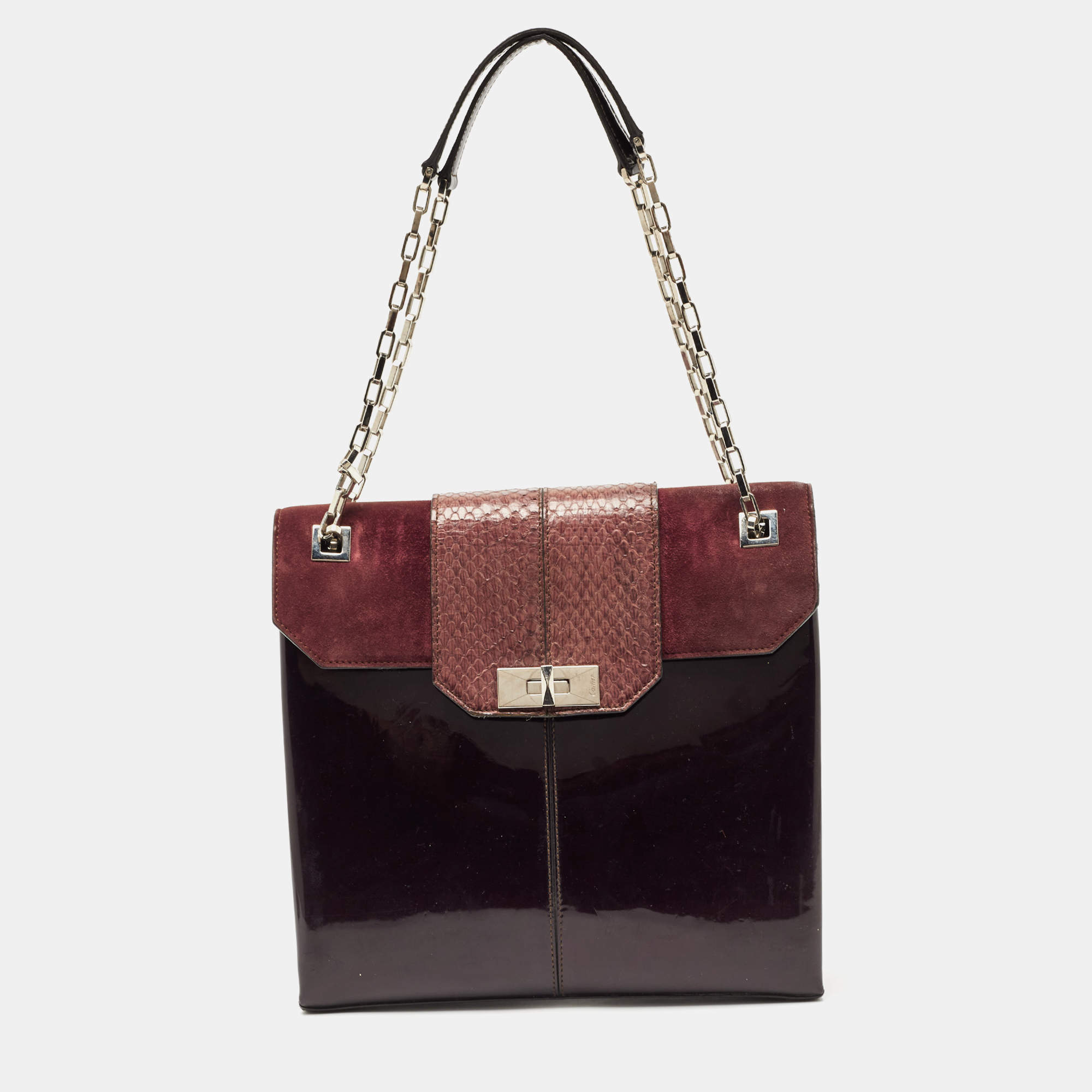 Pre Owned Cartier Burgundy Patent Leather/Suede and Snakeskin Classic Feminine Line Chain Bag
