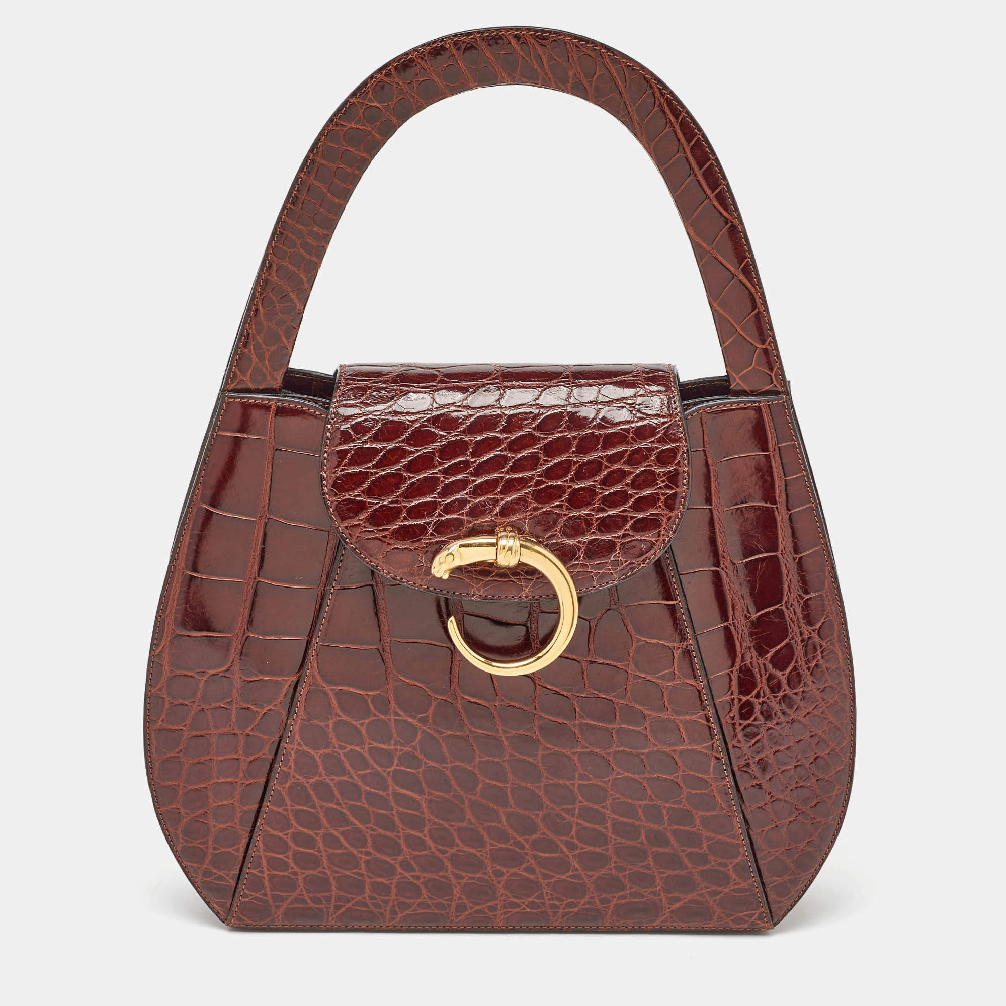 Pre Owned Cartier Brown Crocodile Panther Logo Shoulder Bag