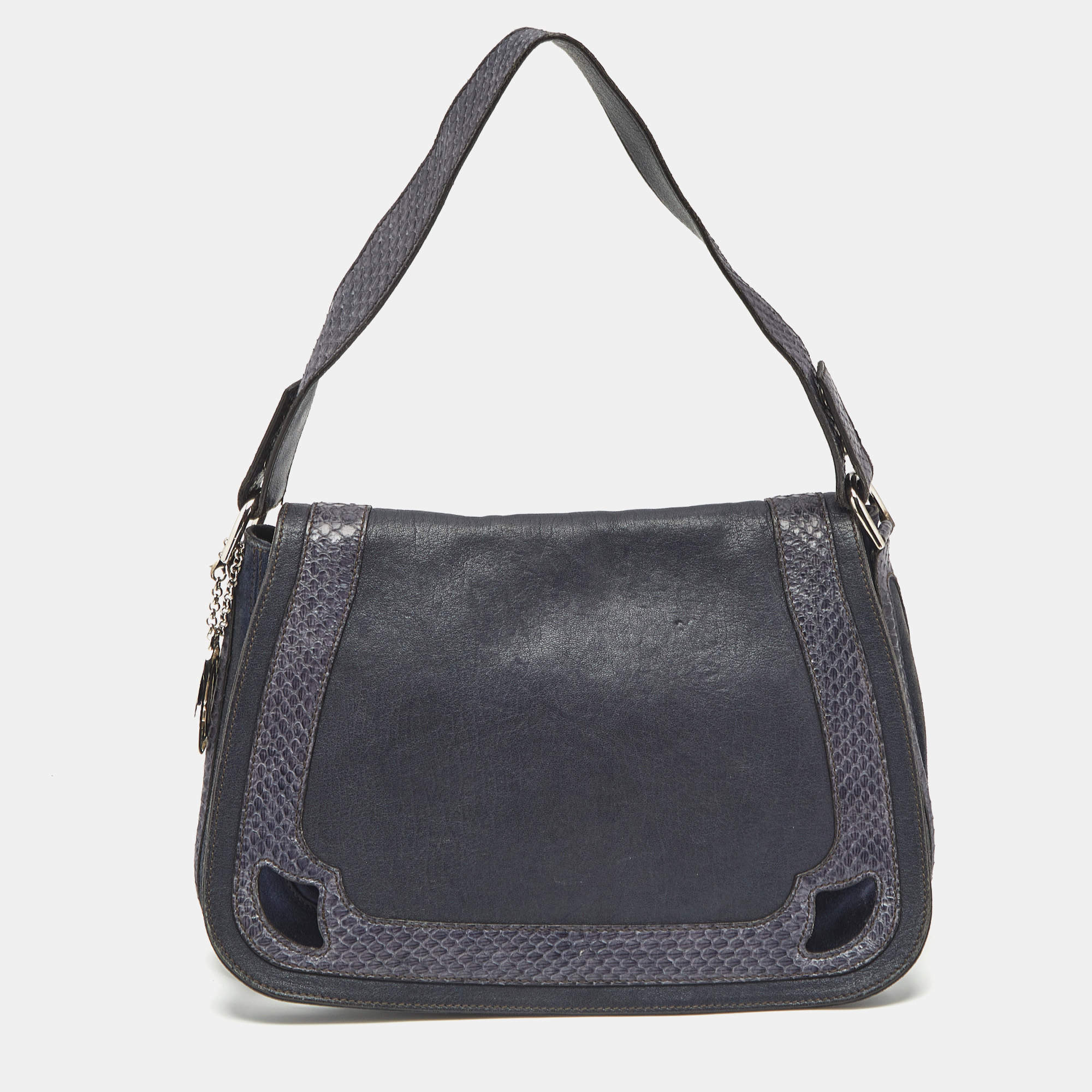 Cartier Navy Blue Suede and Python Marcello de Cartier Saddle Bag