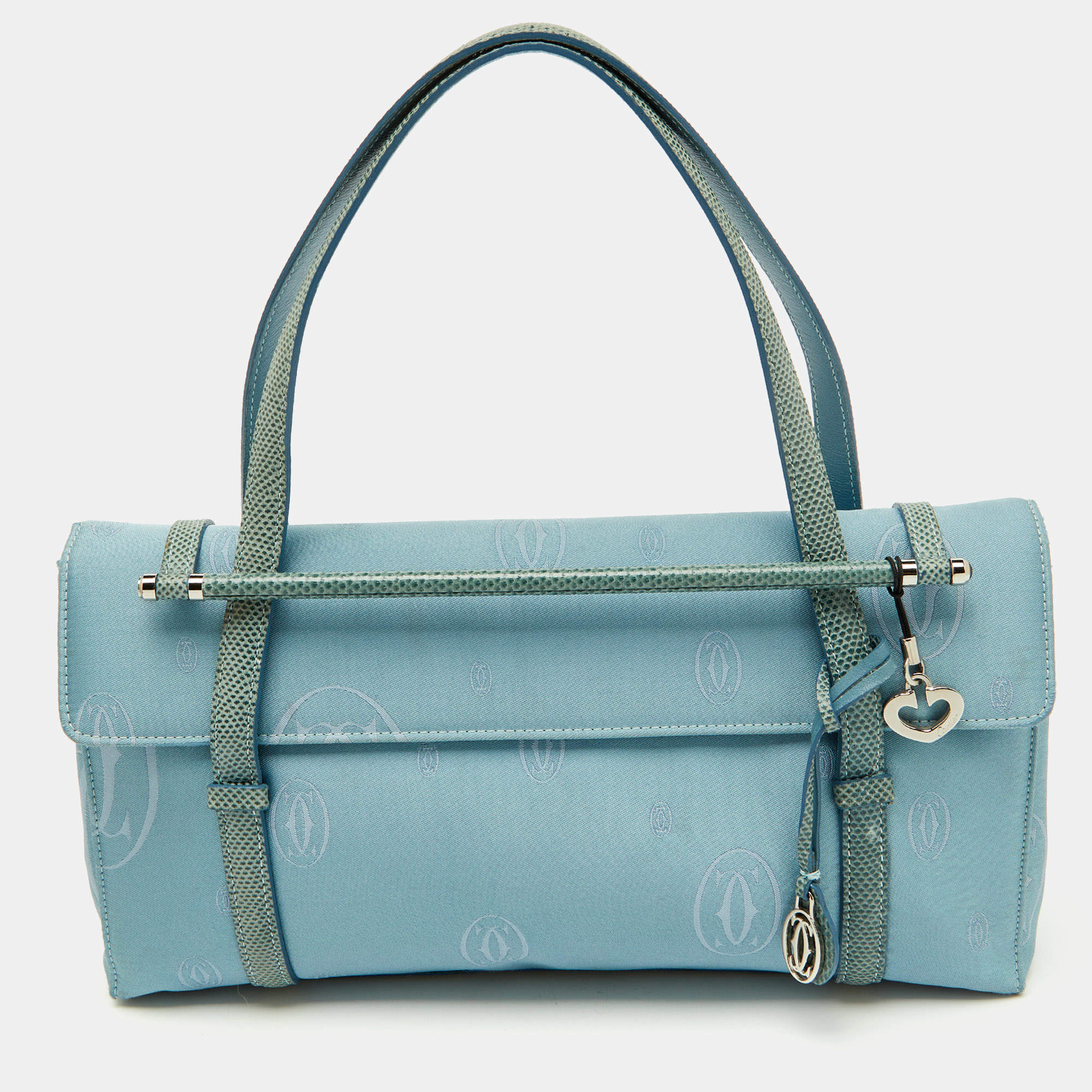 Pre Owned Cartier Blue Satin and Karung Leather Trimmed Happy Birthday Cabochon Flap Bag