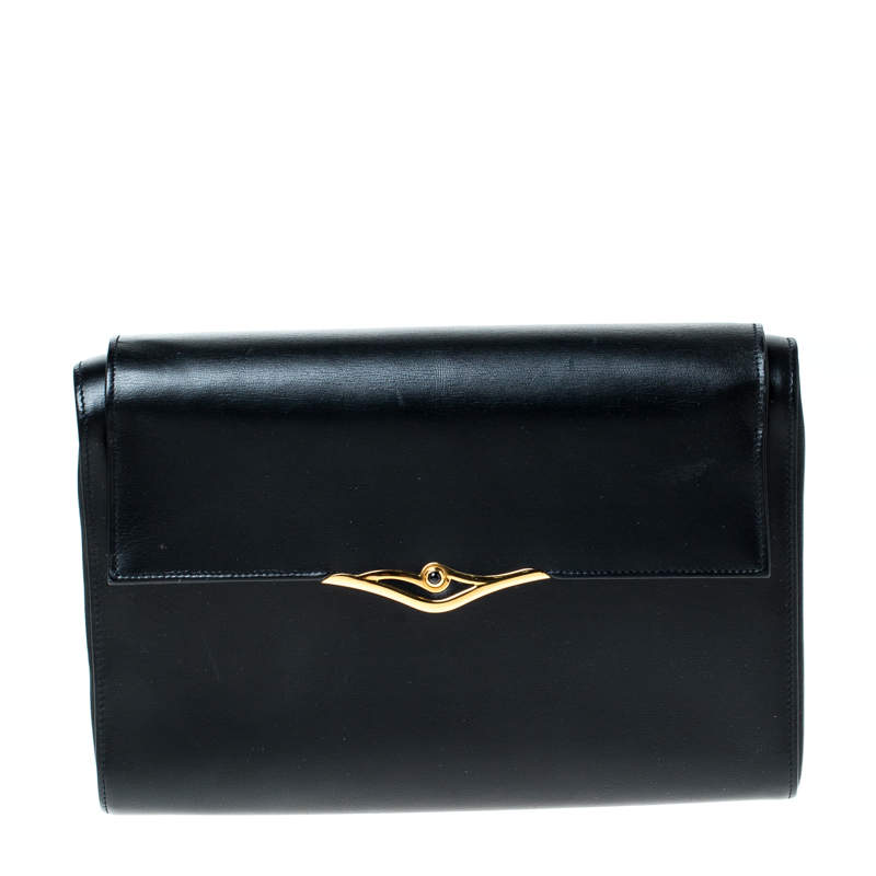 Cartier Black Leather Sapphire Line Flap Clutch 