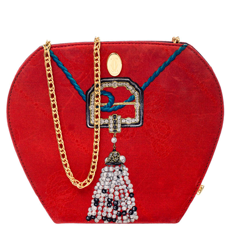 Cartier Red Printed Fabric Chain Clutch Bag