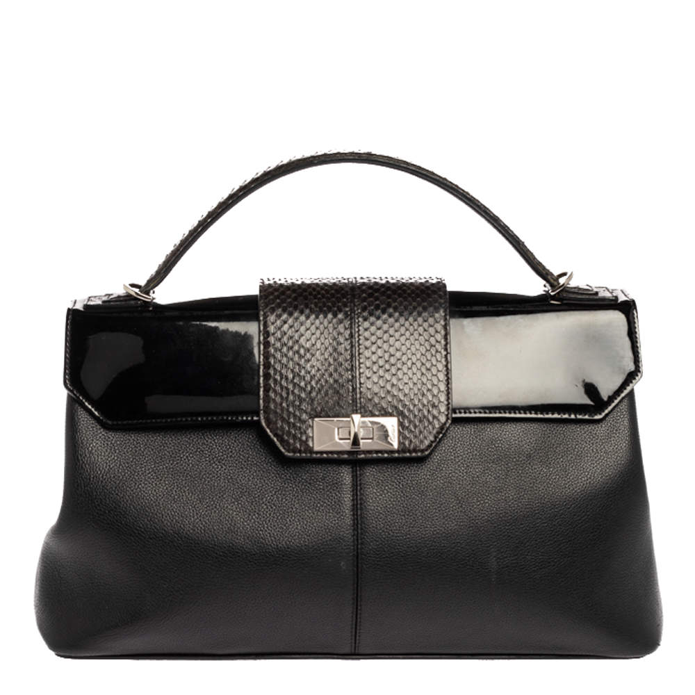 Cartier Black Leather and Python Classic Feminine Line Top Handle Bag