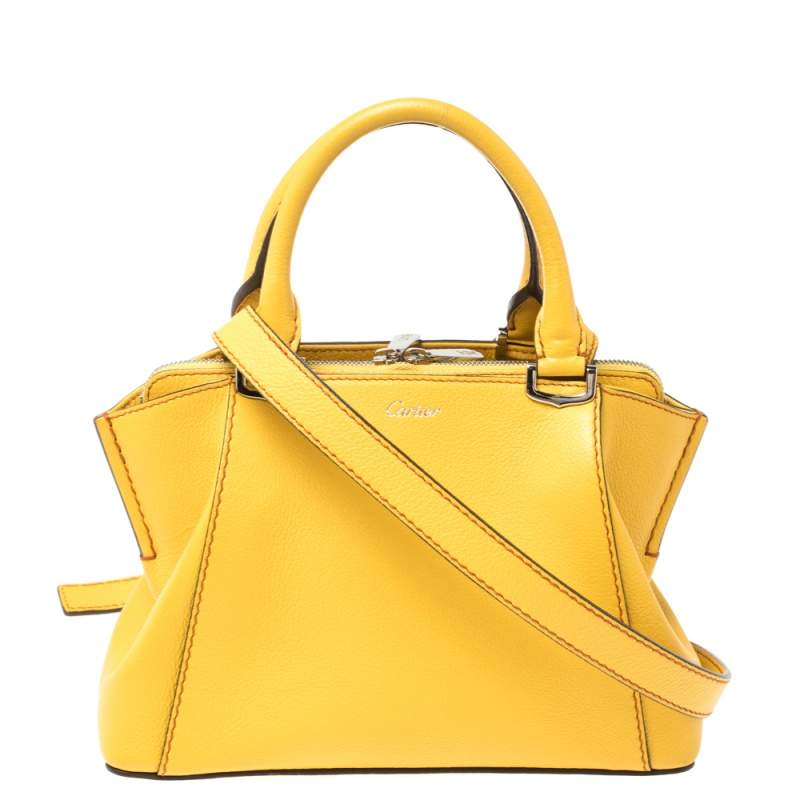 Pre Owned Cartier Yellow Leather Mini C De Cartier Tote