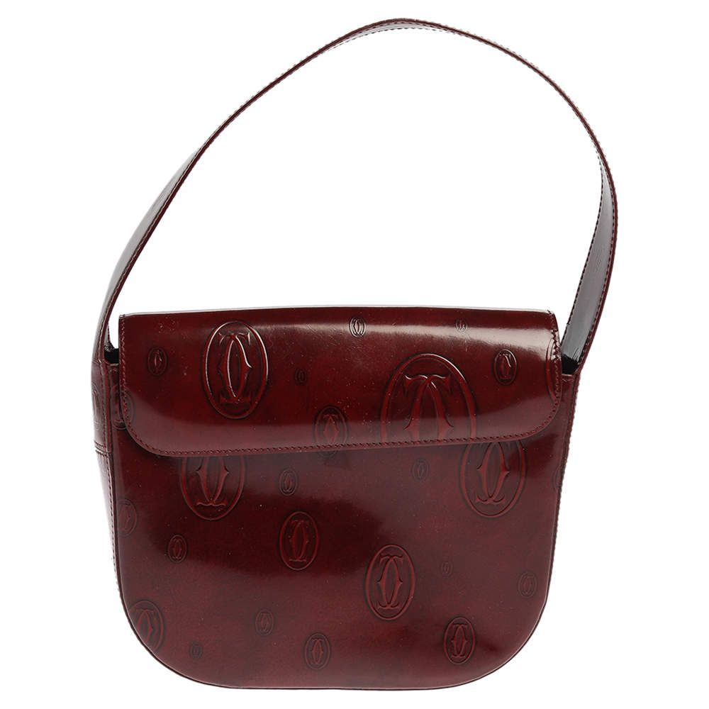 Cartier Burgundy Logo Embossed Patent Leather Flap Hobo