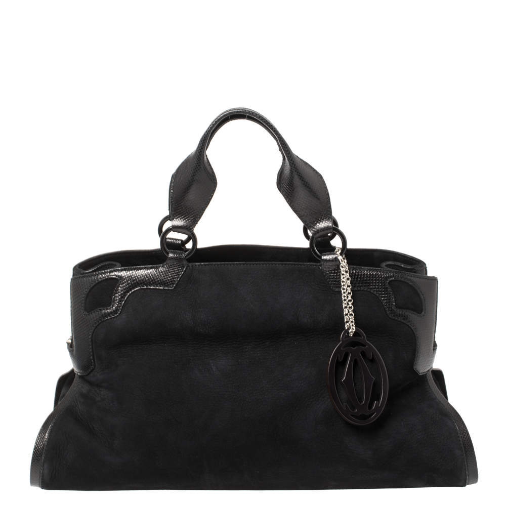 مملوكة مسبقًا Cartier Black Nubuck Leather and Lizard Embossed Marcello De Cartier Bag