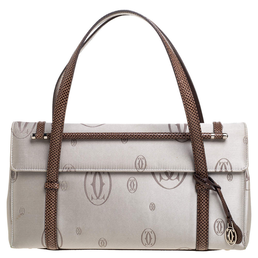 Pre Owned Cartier Grey/Brown Satin and Leather Karung Trimmed Happy Birthday Cabochon Flap Bag