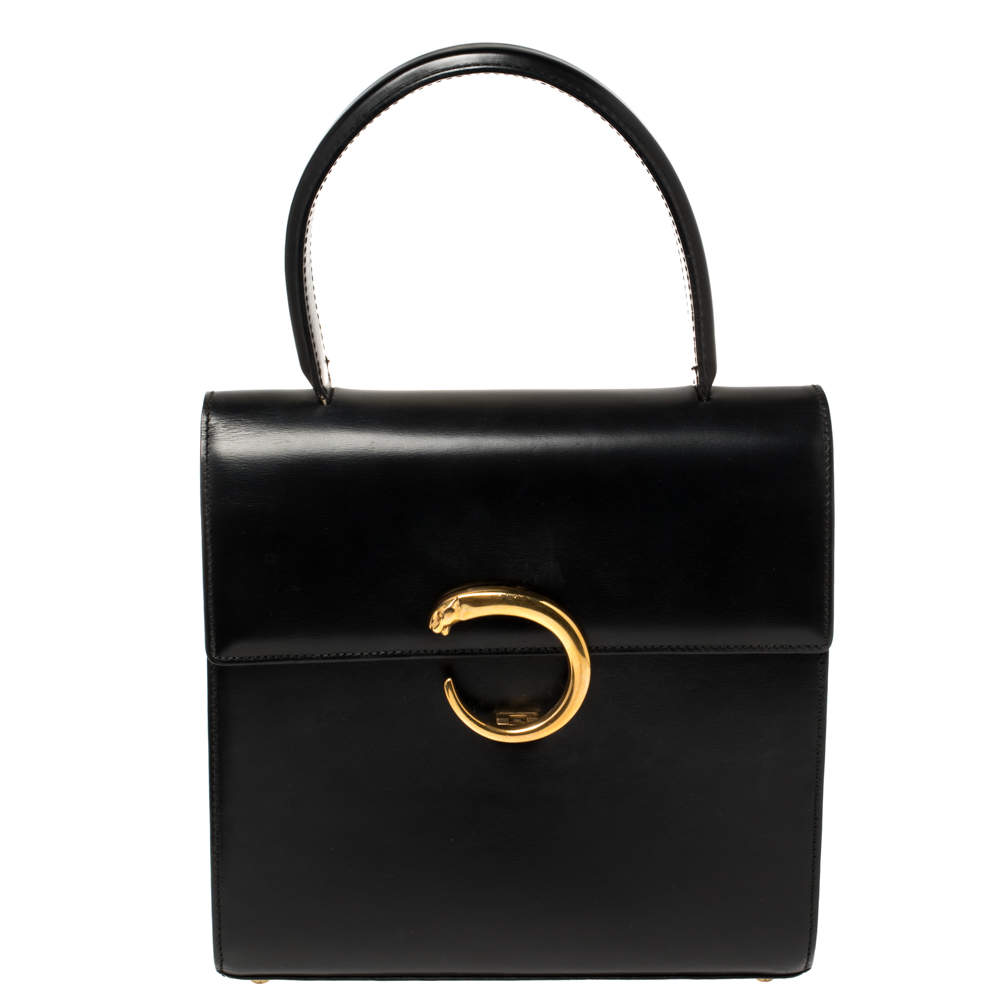 Pre Owned Cartier Black Leather Panthere Top Handle Bag