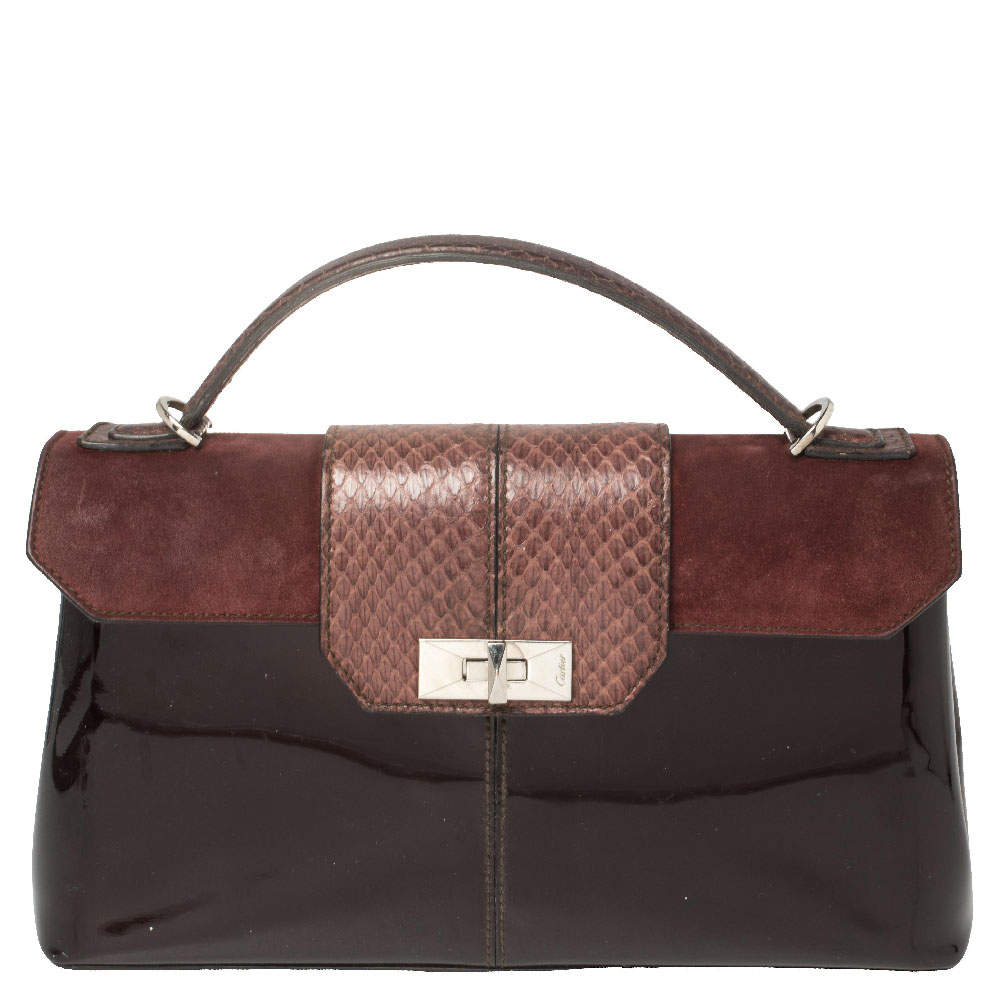 Pre Owned Cartier Burgundy Patent Leather/Suede and Python Feminine Line Top Handle Bag