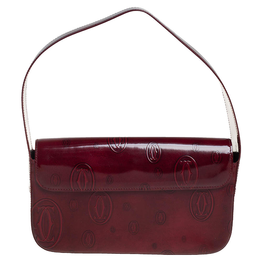 Pre Owned Cartier Burgundy Embossed Patent Leather Flap Baguette