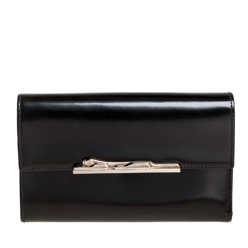Pre Owned Cartier Black Patent Leather Continental Flap Wallet