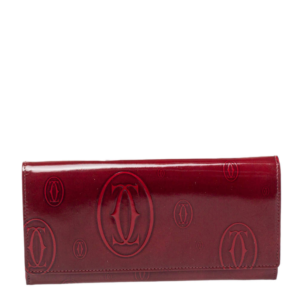 Pre Owned Cartier Dark Red Patent Leather Happy Birthday Continental Wallet