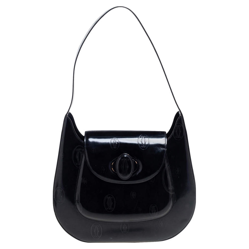 Pre Owned Cartier Black Glossy Logo Embossed Leather Flap Hobo