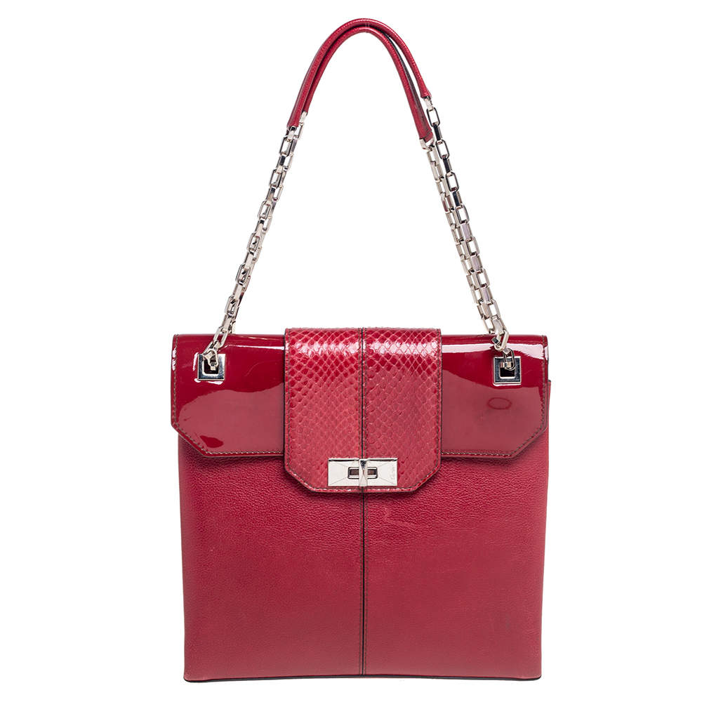 Pre Owned Cartier Red Patent Leather/Suede and Python Classic Feminine Line Chain Bag