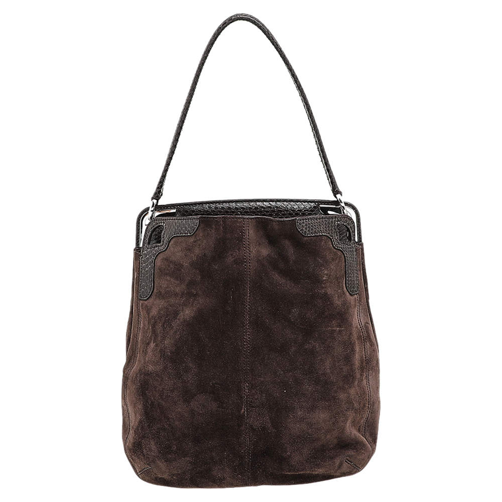 Cartier Brown Suede and Python Marcello de Cartier Hobo