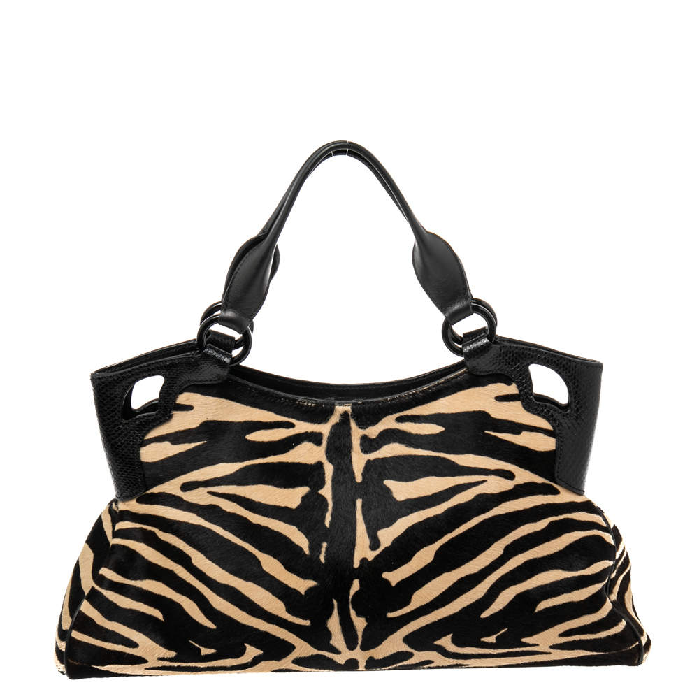 Pre Owned Cartier Black/Brown Animal Print Calf Hair Leather Marcello de Cartier Satchel