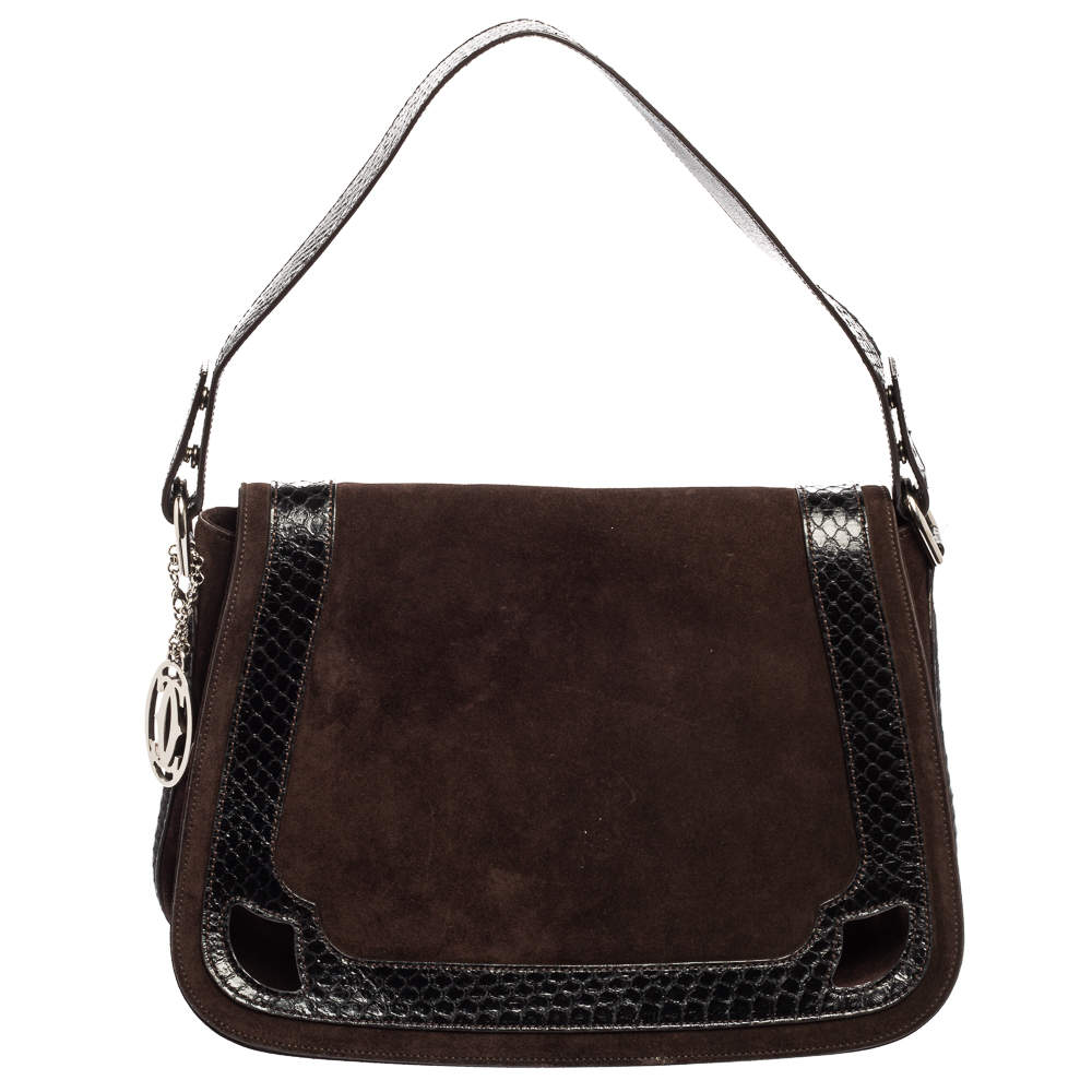 Pre Owned Cartier Dark Brown Suede and Python Marcello de Cartier Saddle Bag