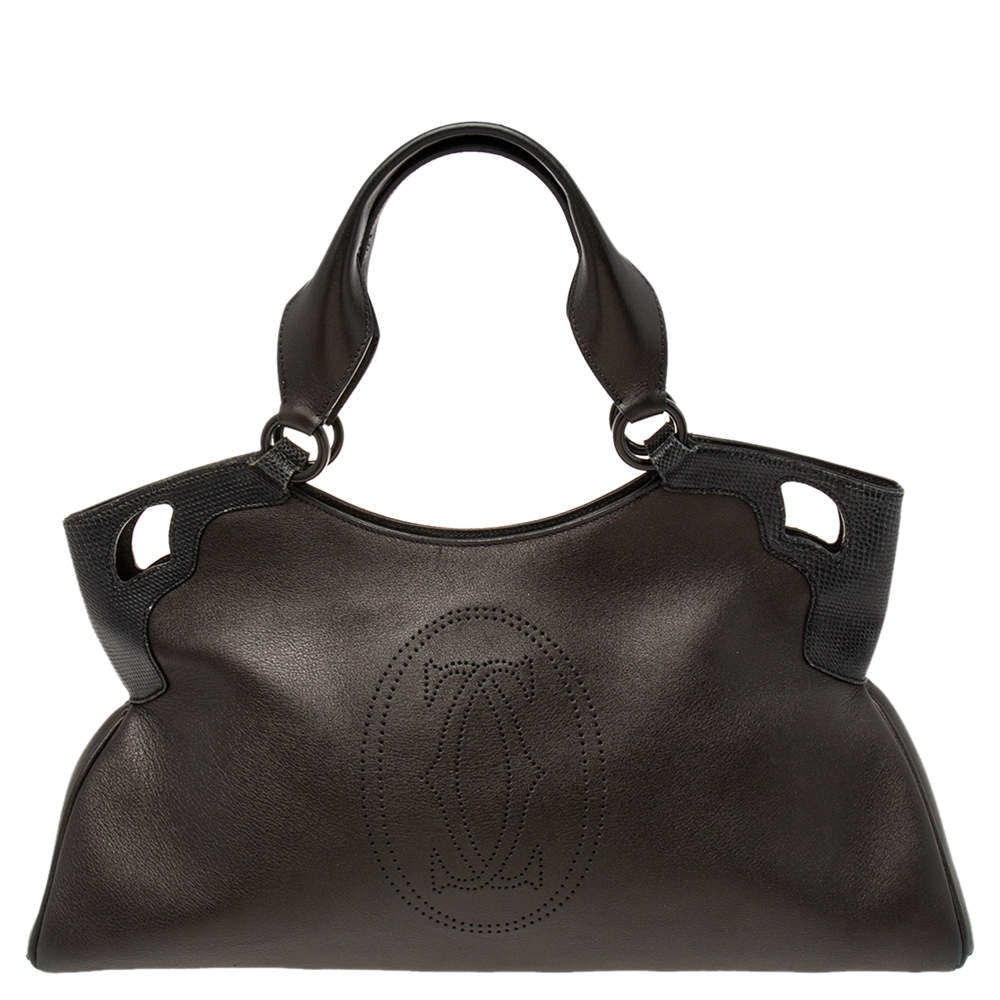 Pre Owned Cartier Black Leather and Snakeskin Medium Marcello de Cartier Bag