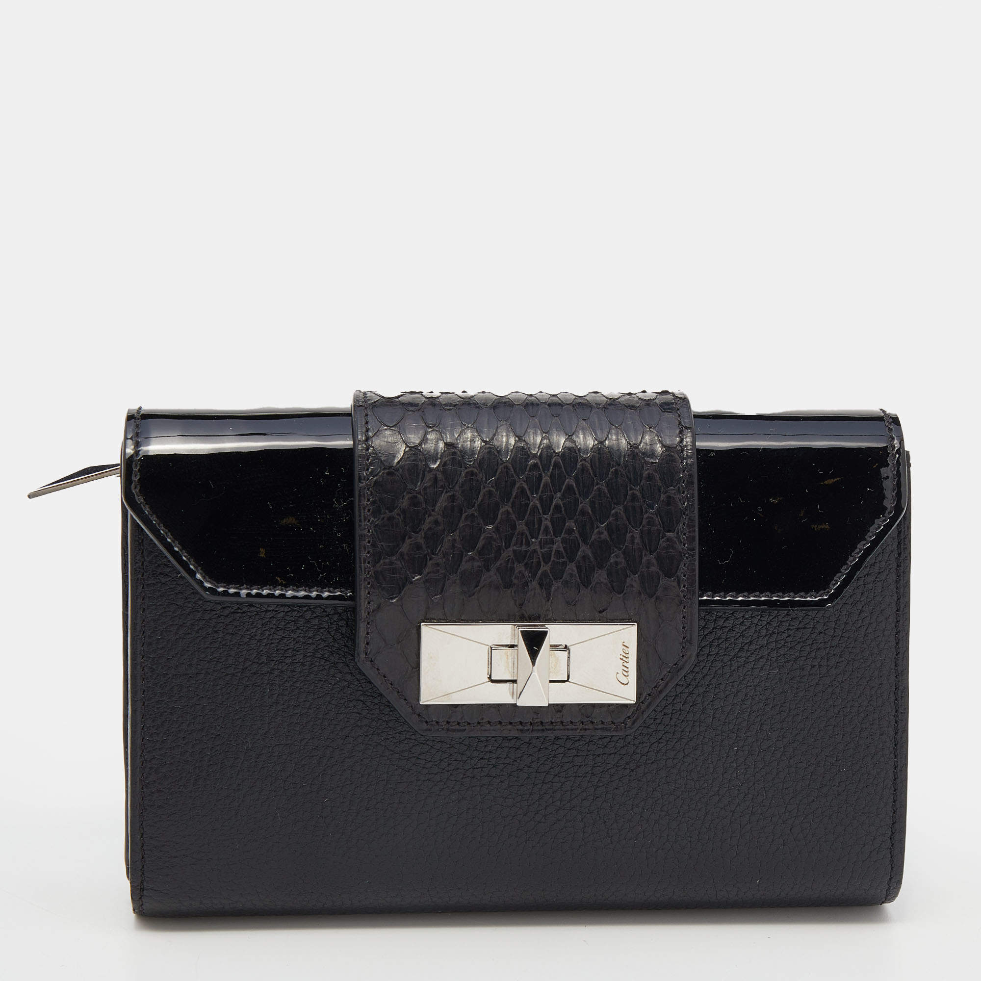 Pre Owned Cartier Black Snakeskin and Leather Trifold Wallet