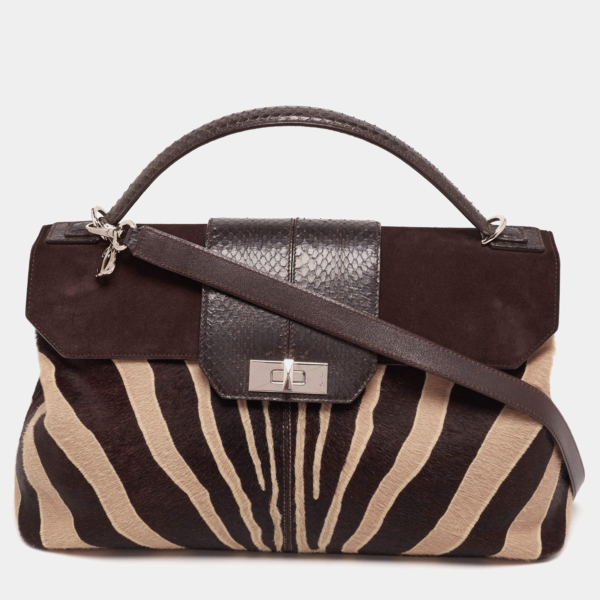 Pre Owned Cartier Dark Brown/Cream Calfhair, Suede and Snakeskin Feminine Line Top Handle Bags