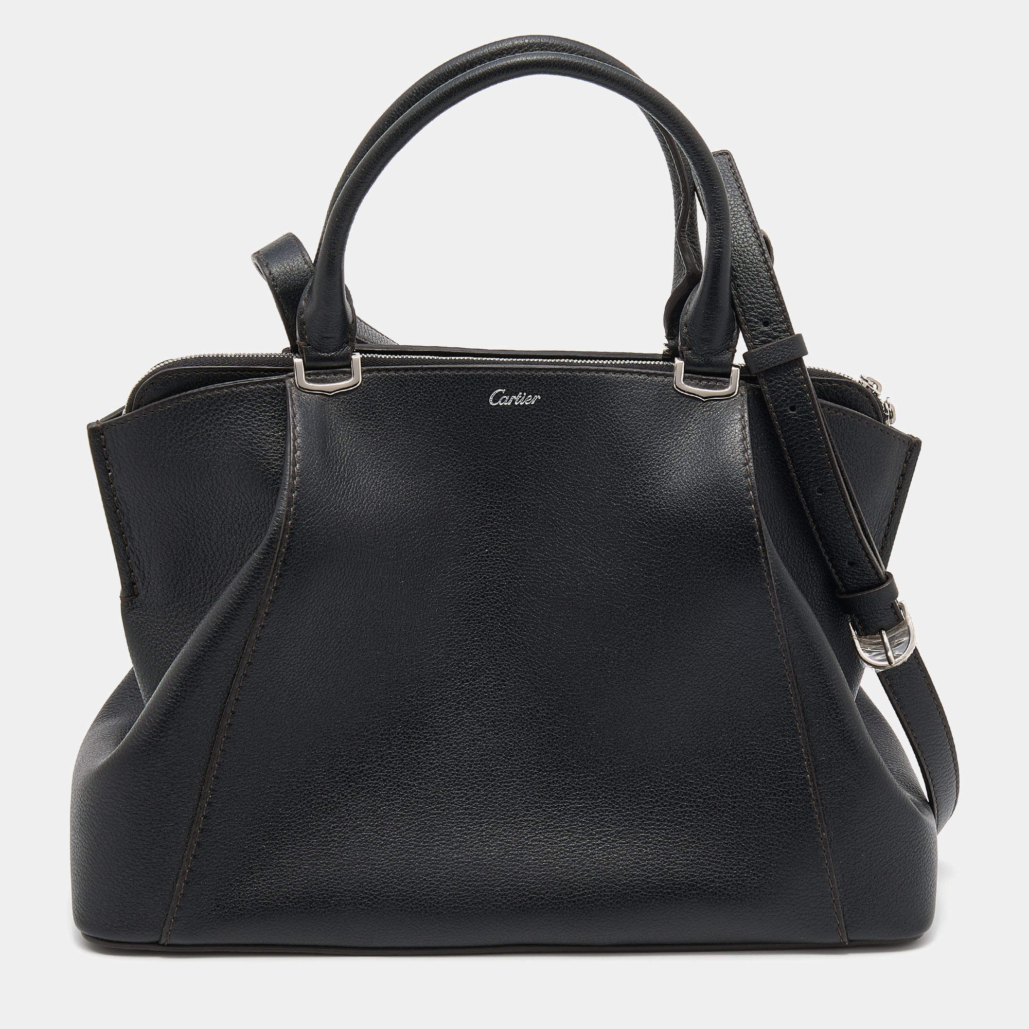Pre Owned Cartier Black Leather C De Cartier Tote
