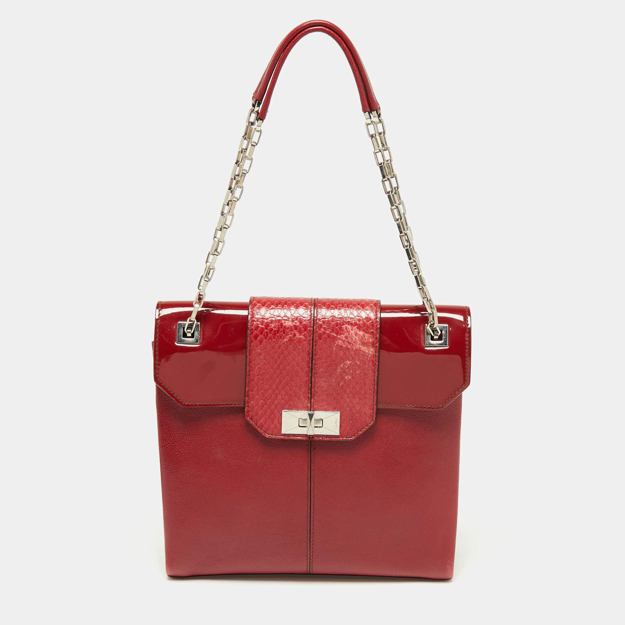 Pre Owned Cartier Red Leather/Patent Leather and Python Classic Feminine Line Chain Bag