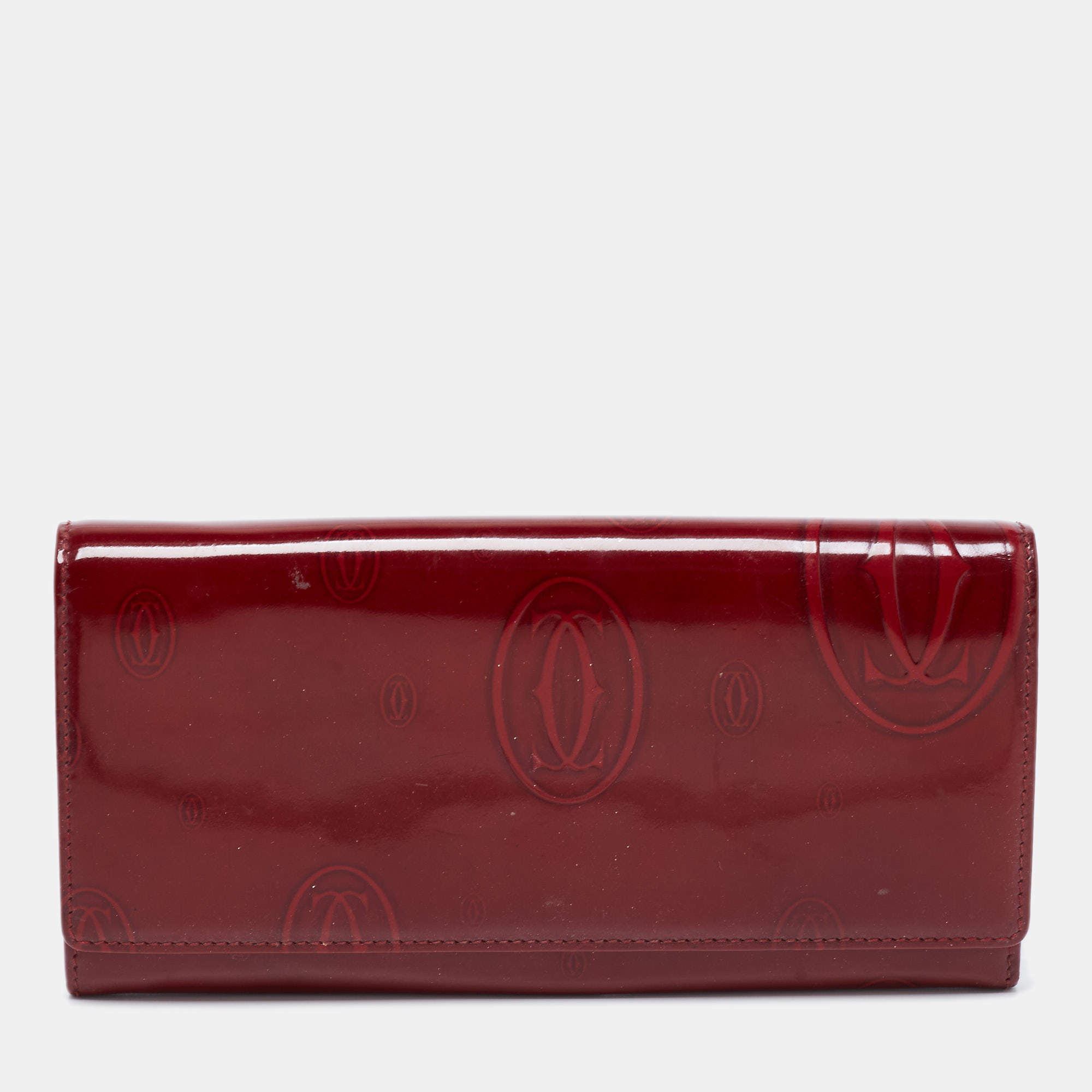 Pre Owned Cartier Maroon Patent Leather Happy Birthday Continental Wallet