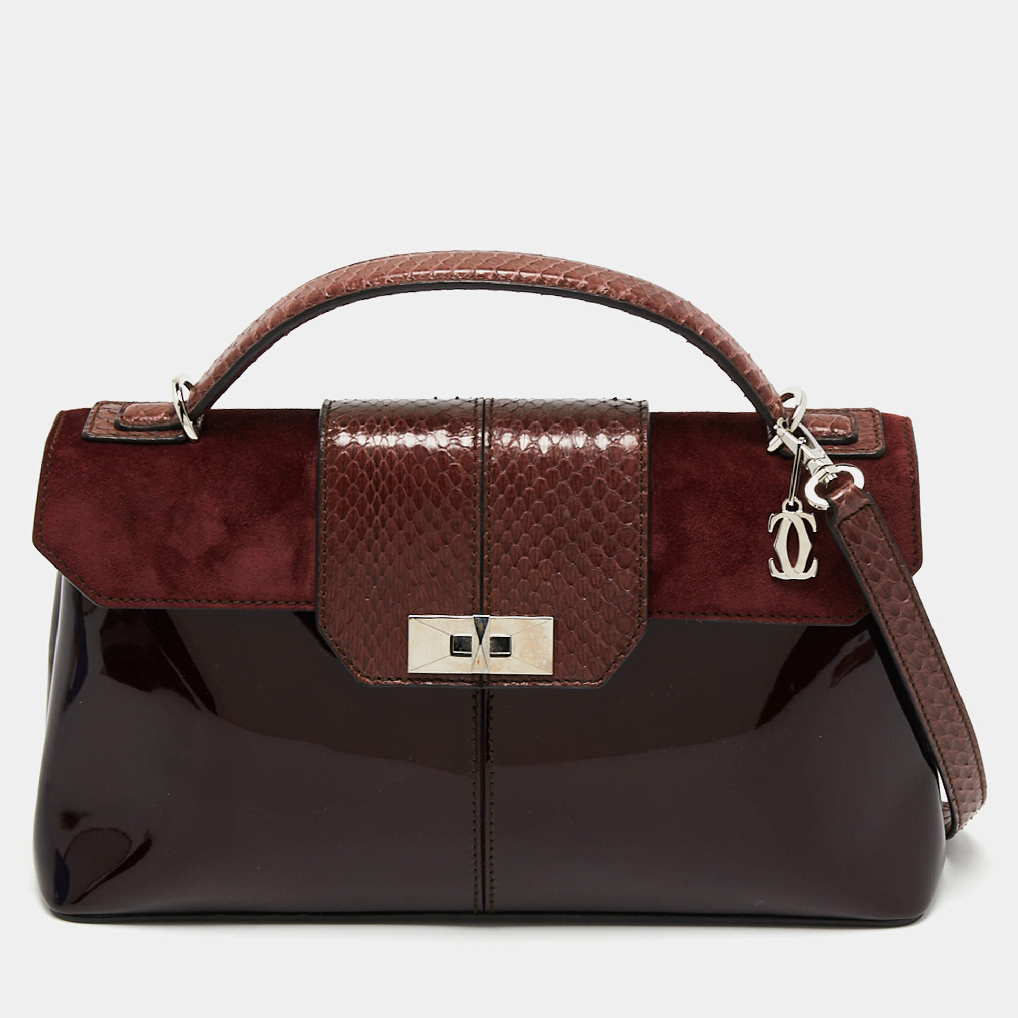 مملوكة مسبقًا Cartier Burgundy Python, Suede and Patent Leather Feminine Line Top Handle Bag