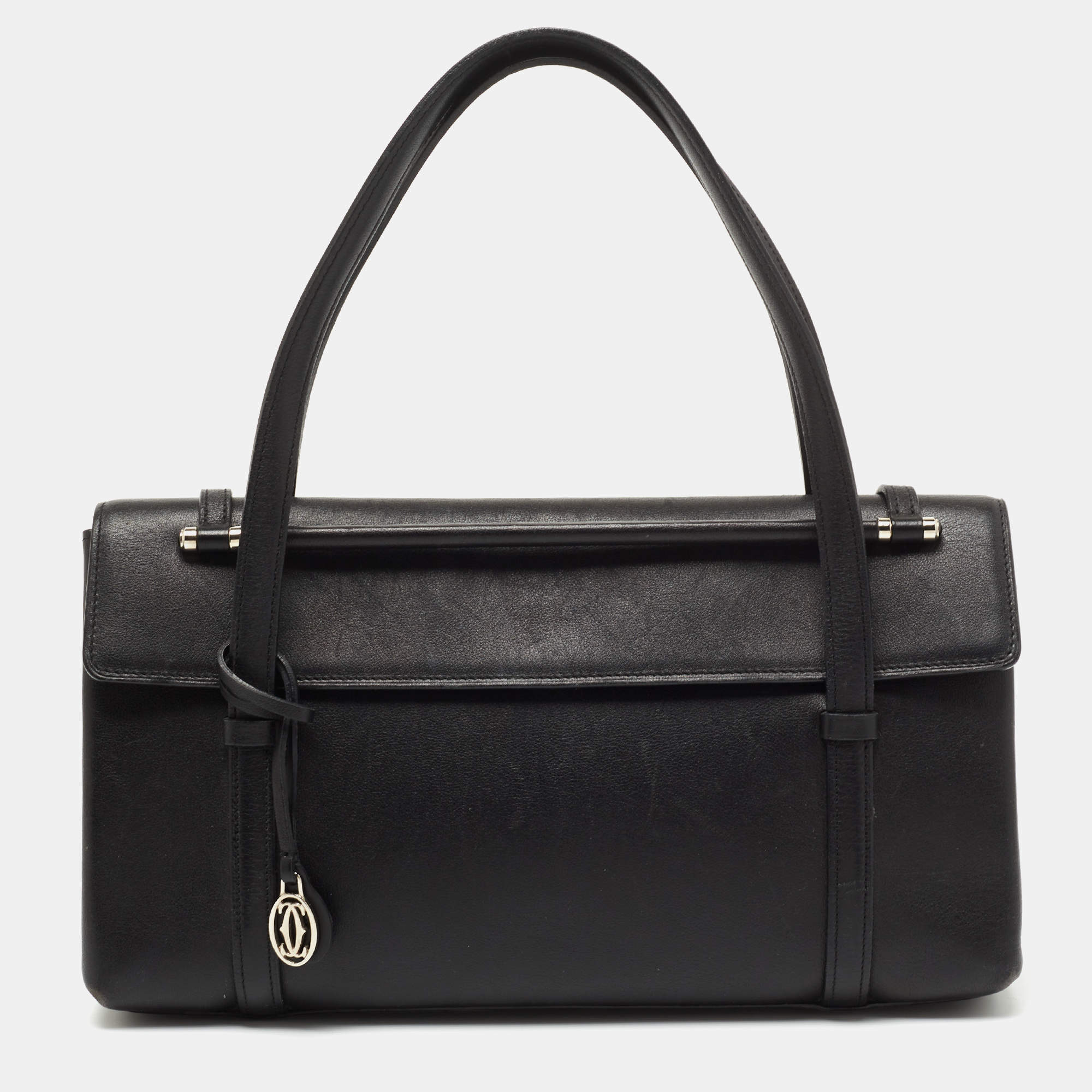 Cartier Black Leather Cabochon Flap Shoulder Bag