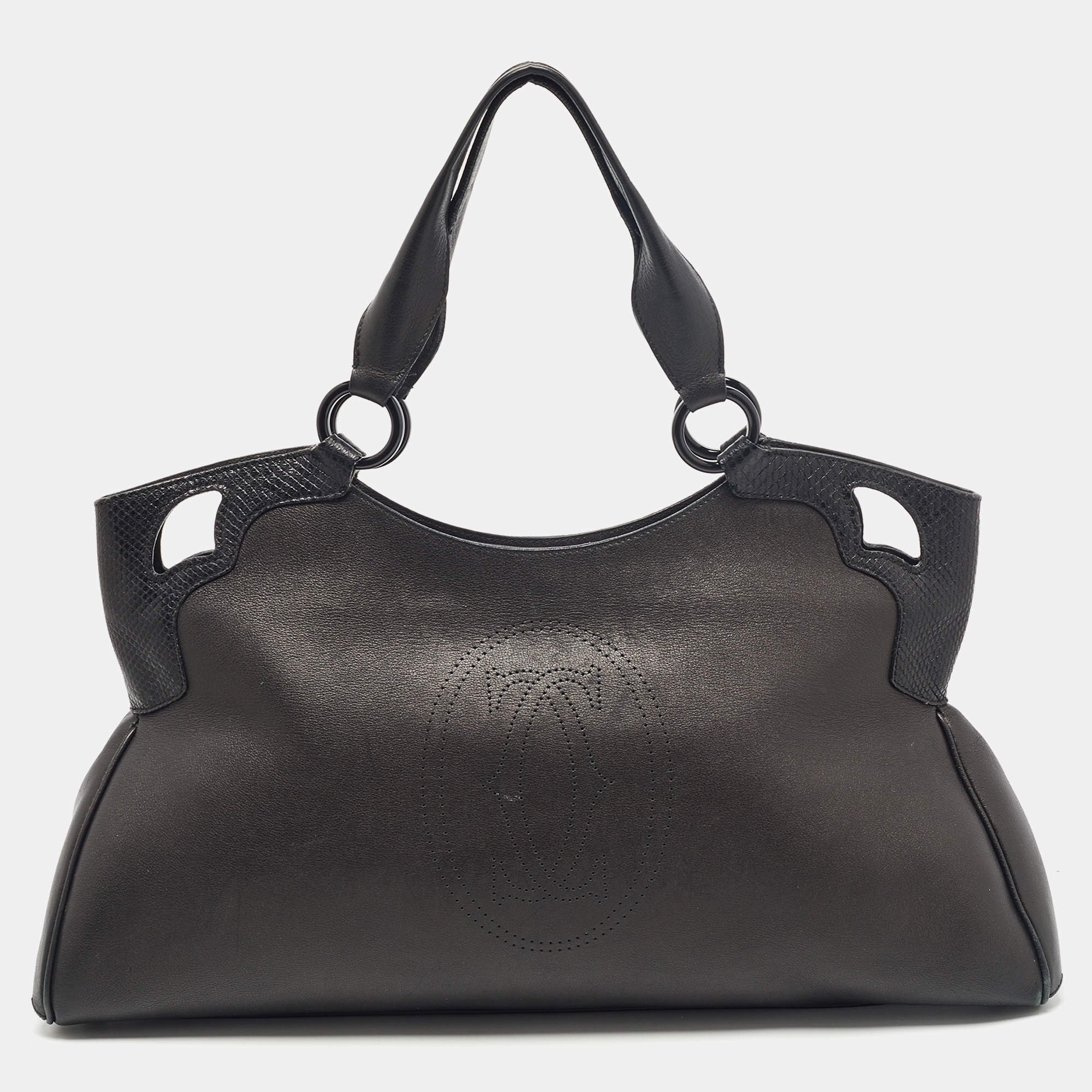 Pre Owned Cartier Black Leather and Python Embossed Medium Marcello de Cartier Shoulder Bag