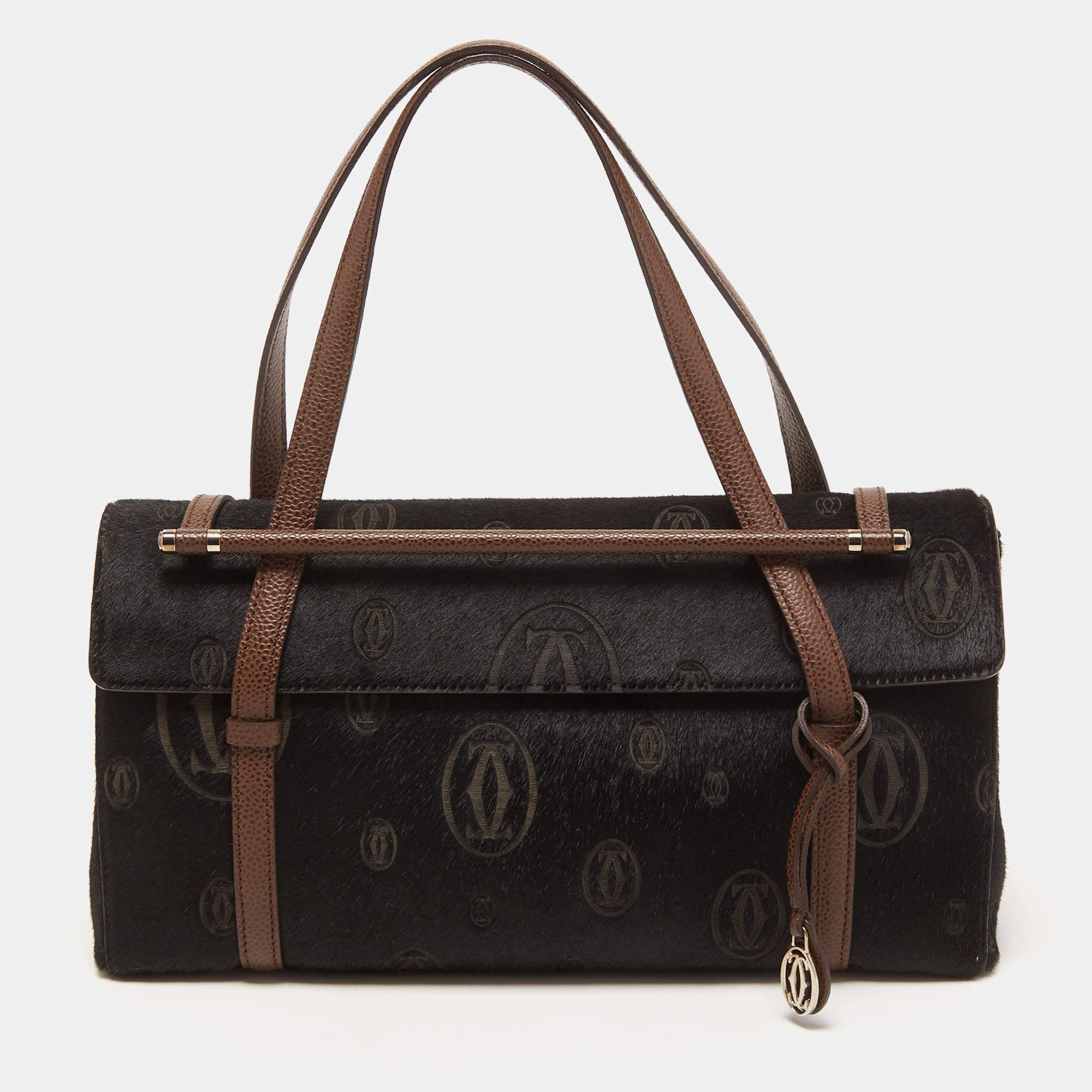 Pre Owned Cartier Black/Brown Calfhair and Leather Happy Birthday Cabochon Flap Bag