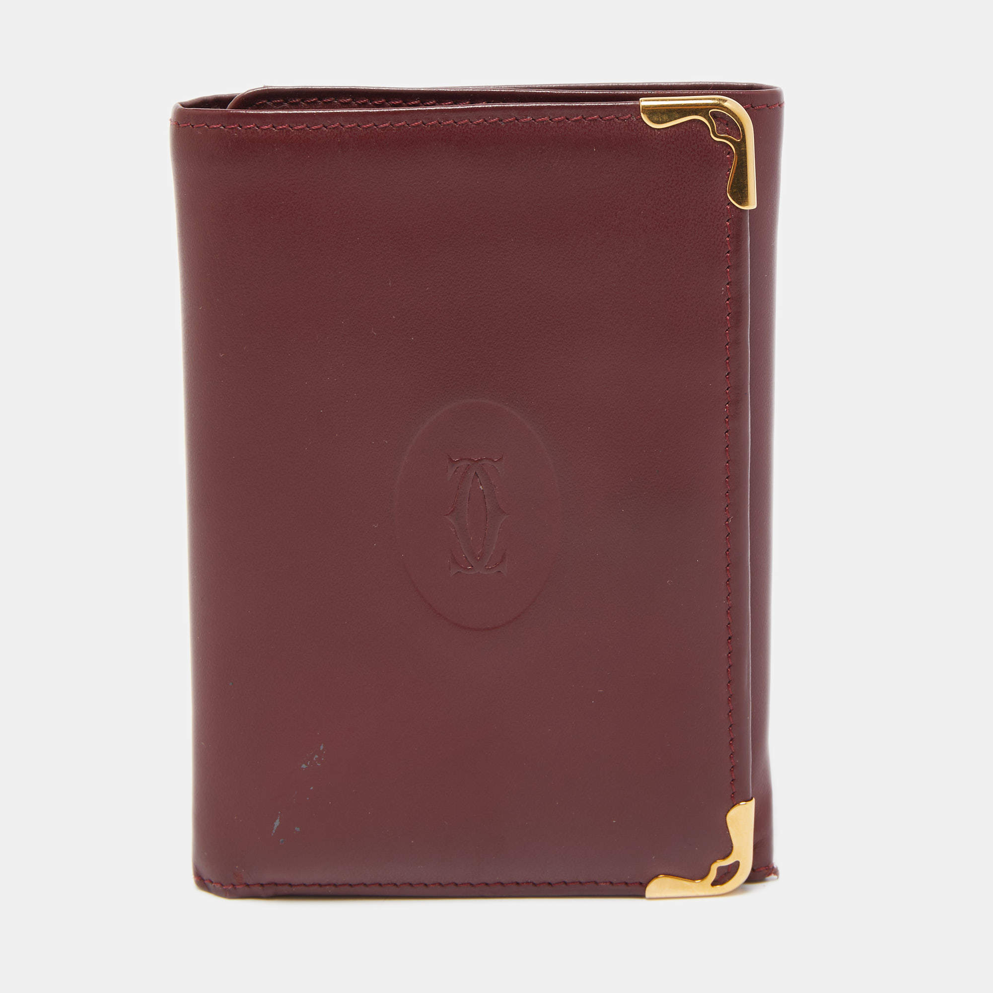Pre Owned Cartier Burgundy Leather Must De Cartier Tri Fold Wallet