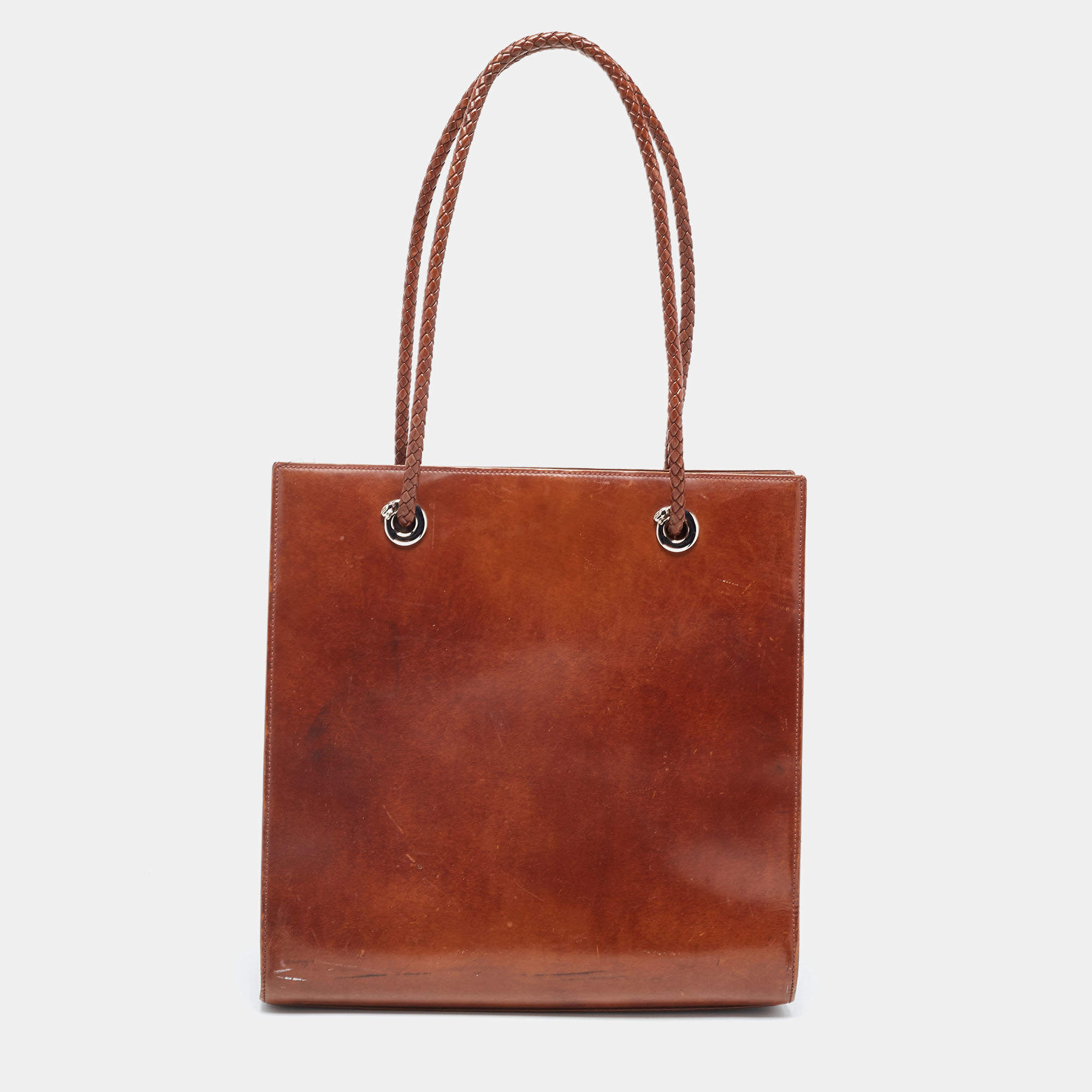 Pre Owned Cartier Brown Glossy Leather Panthere Braided Handle Tote