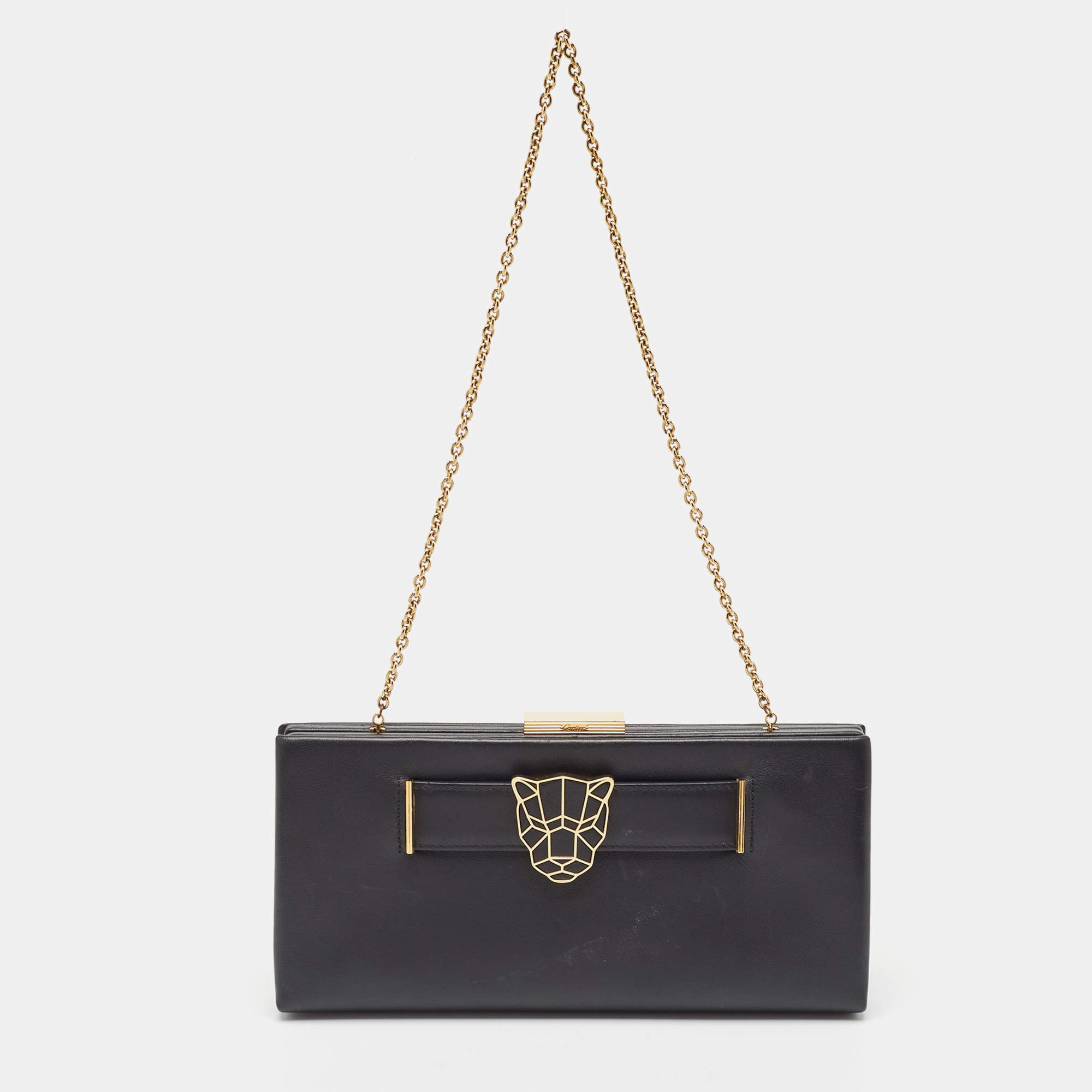 Pre Owned Cartier Black Leather Panthere De Cartier Chain Clutch