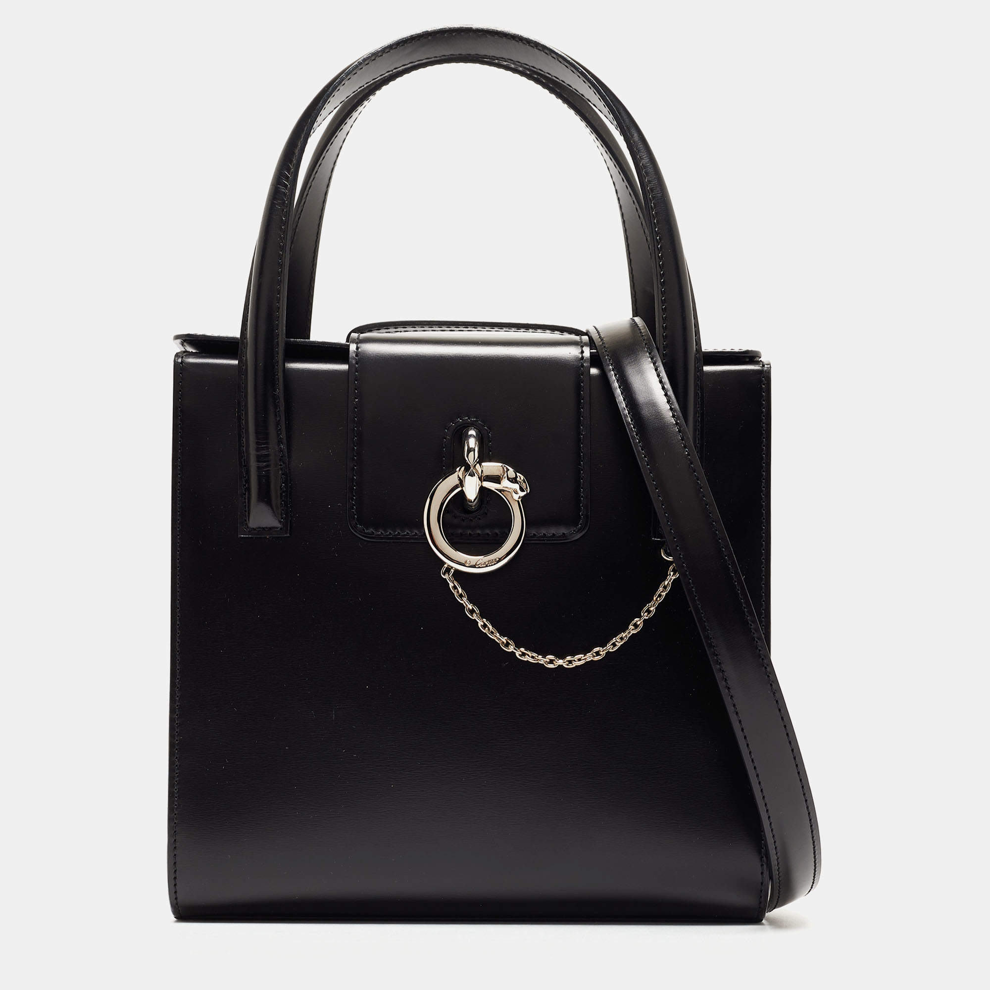 Pre Owned Cartier Black Glossy Leather Panthere Top Handle Bag