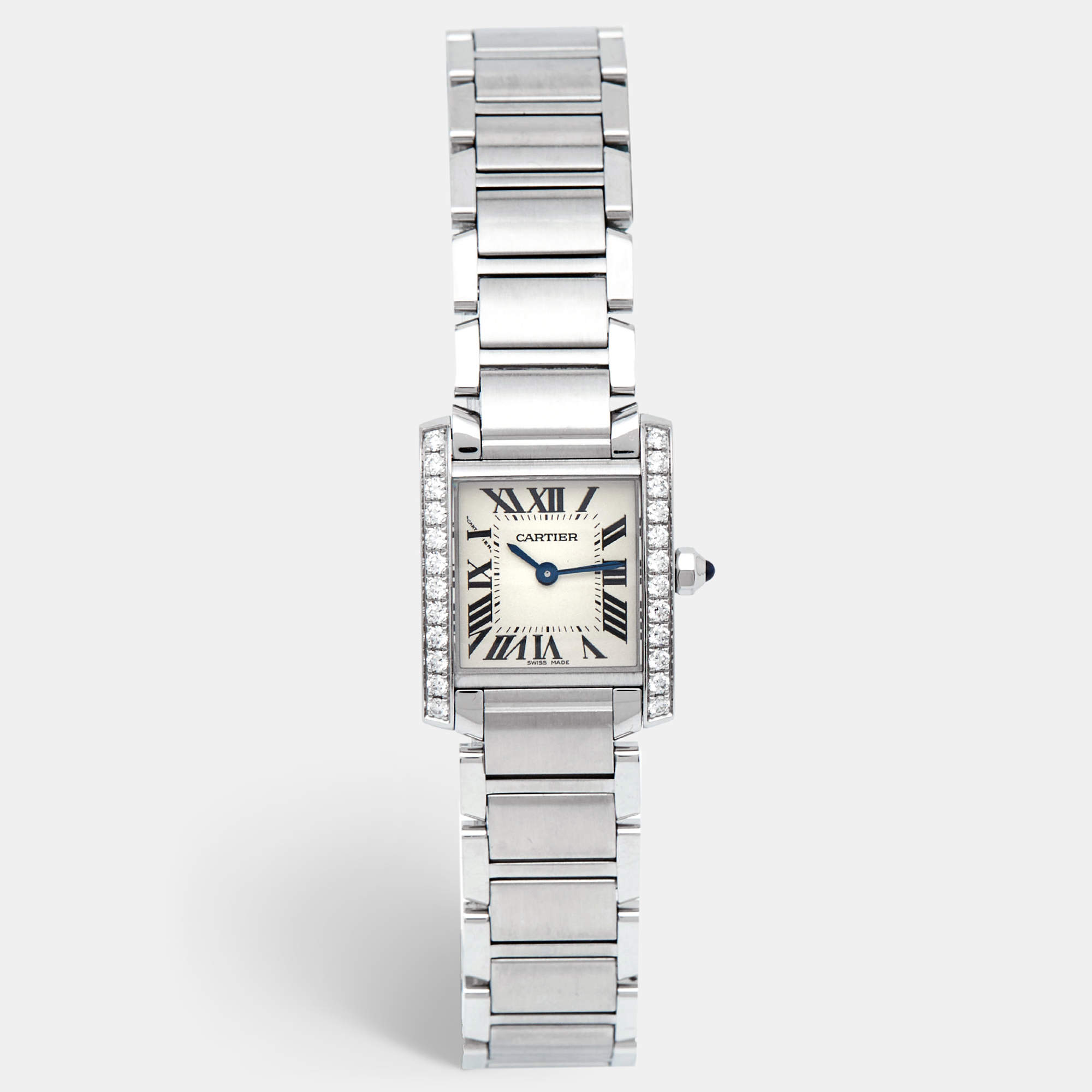 مملوكة مسبقًا Cartier Silver Stainless Steel Diamond Tank Francaise W4TA0008 Women's Wristwatch 20 mm
