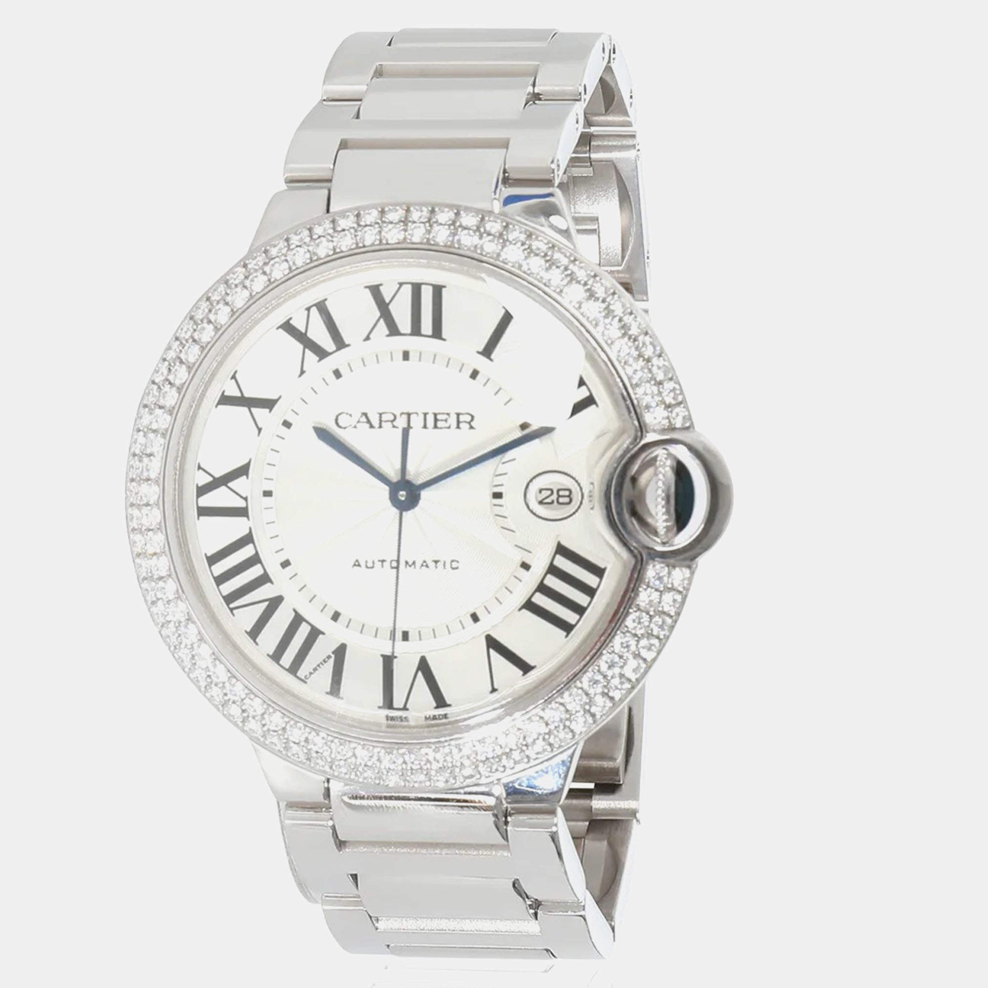 Cartier Silver Diamond 18k White Gold Ballon Bleu WE9009Z3 Automatic Women's Wristwatch 42 mm