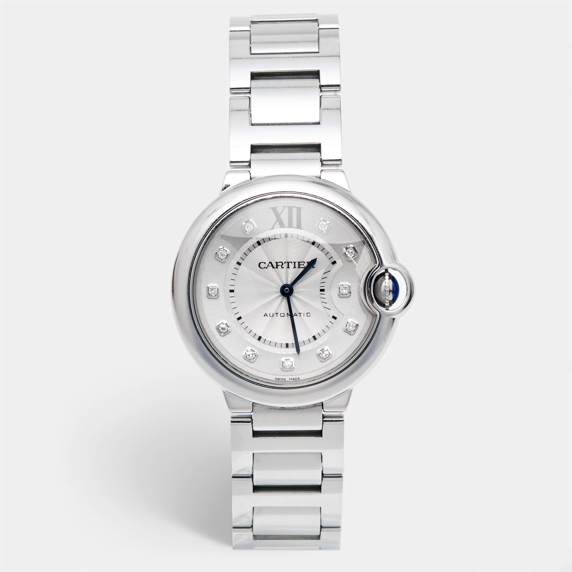 Pre Owned Cartier Silver Diamond Stainless Steel Ballon Bleu WE902075 Women's Wristwatch 36 mm