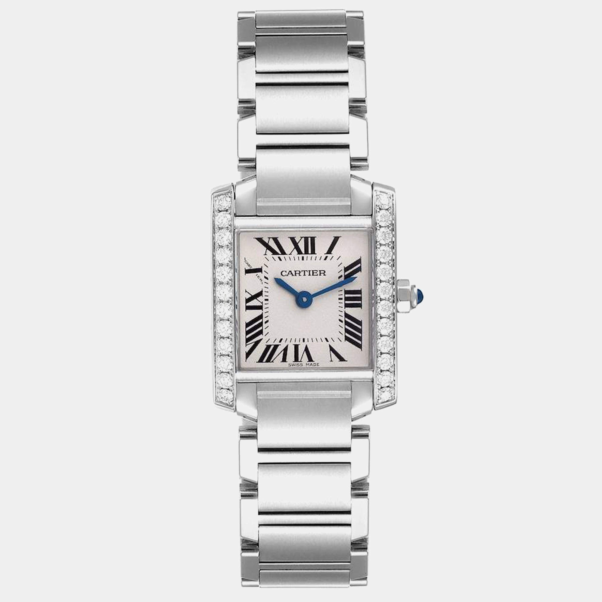 Cartier Silver Diamond Stainless Steel Tank Francaise W4TA0008 Women's Wristwatch 20 mm