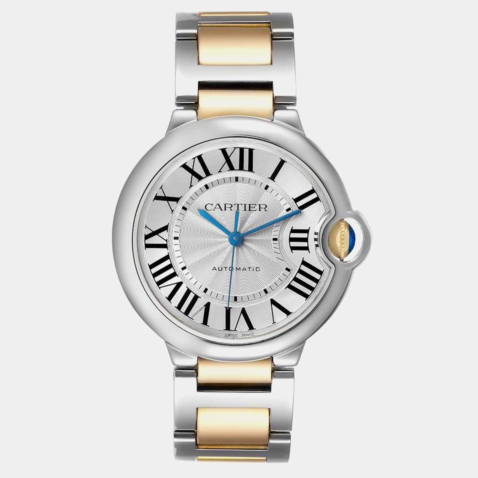 Cartier Silver 18k Yellow Gold Stainless Steel Ballon Bleu W2BB0012 Automatic Men's Wristwatch 36 mm