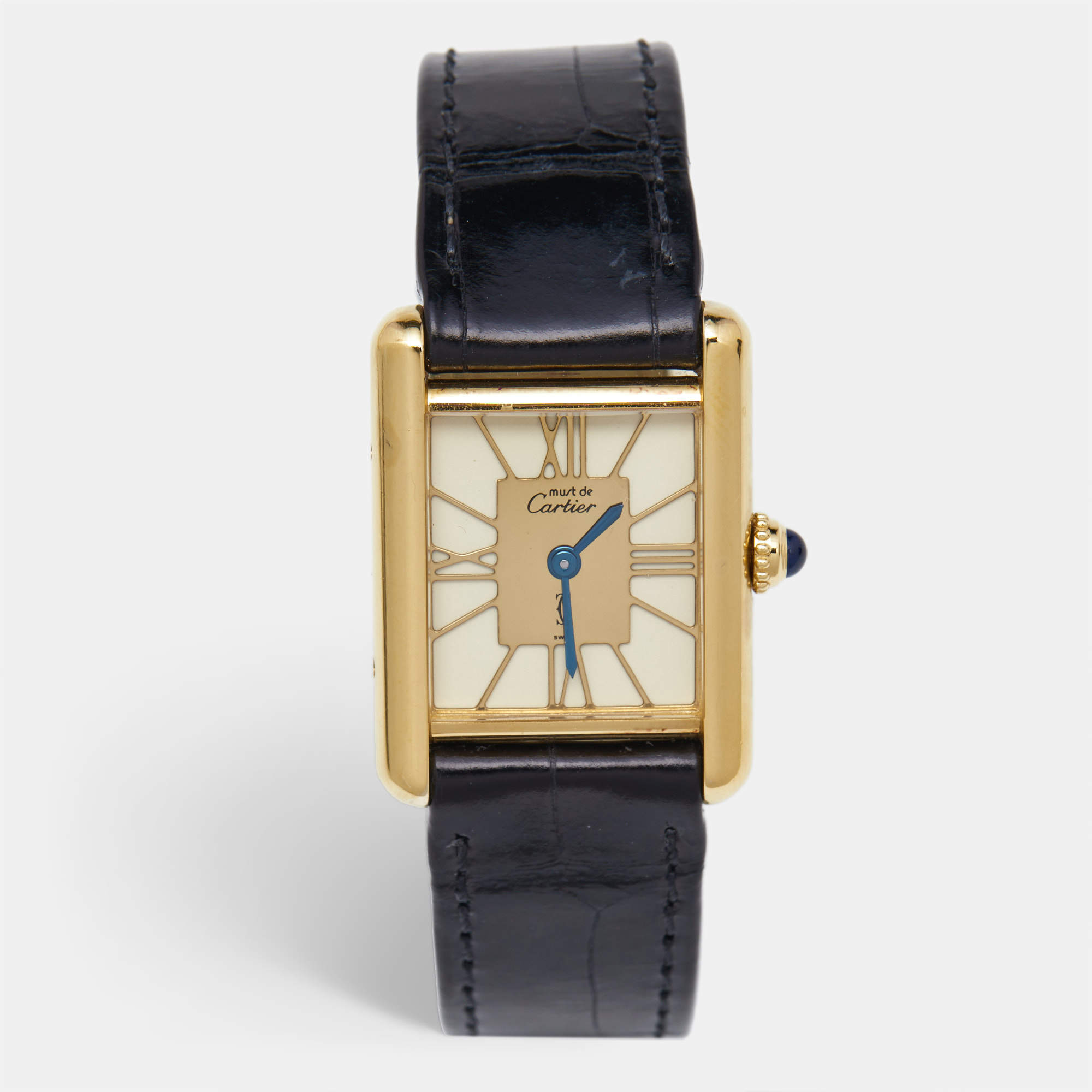 Pre Owned Cartier Yellow Gold Plated Vermeil Alligator Leather Must De Cartier Tank 1316 Women's Wristwatch 20.50 mm
