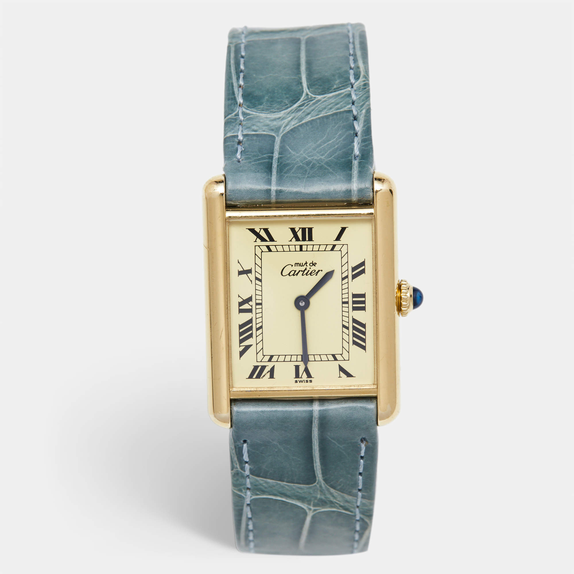 Pre Owned Cartier Yellow Vermeil Alligator Leather Must De Cartier Tank 60029 Women's Wristwatch 24 mm
