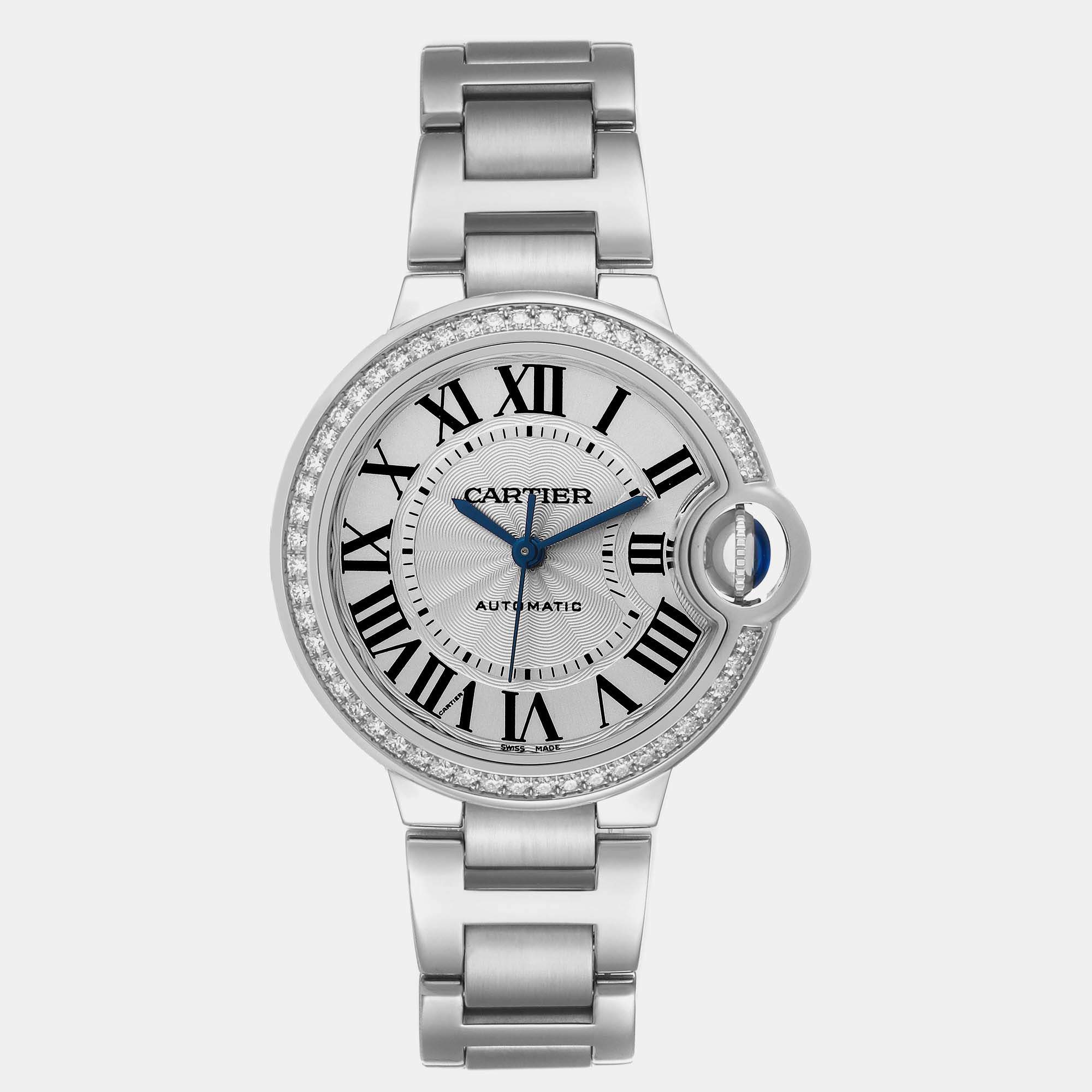 Cartier Ballon Bleu Steel Diamond Bezel Ladies Watch W4BB0016 33 mm