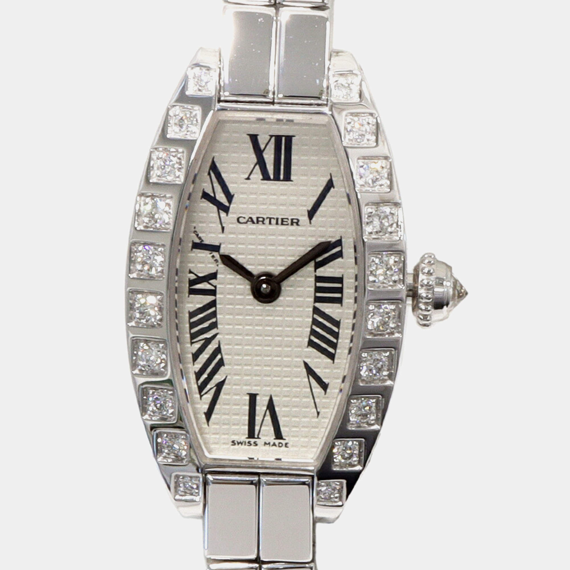 Cartier Silver 18k White Gold Diamond Mini Tonneau WJ2004W3 Quartz Women's Wristwatch 16 mm