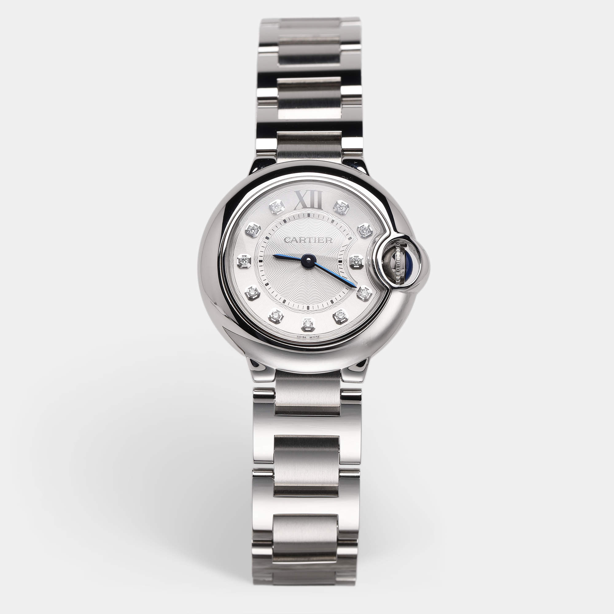 Pre Owned Cartier Silver Stainless Steel Diamond Ballon Bleu 3009 Women's Wristwatch 28 mm