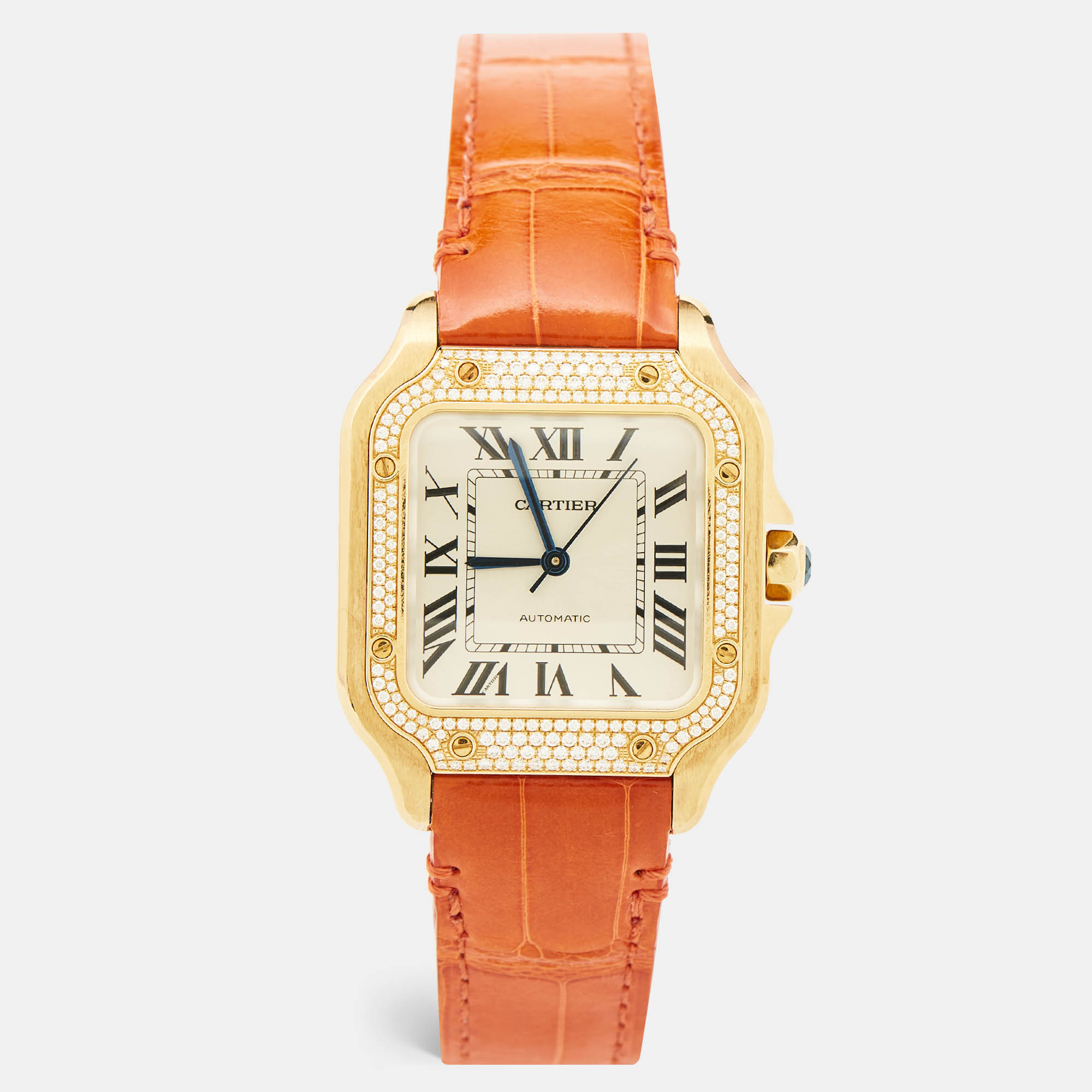 Pre Owned Cartier Silver 18k Yellow Gold Alligator Santos WJSA0008 Women's Wristwatch 35 mm