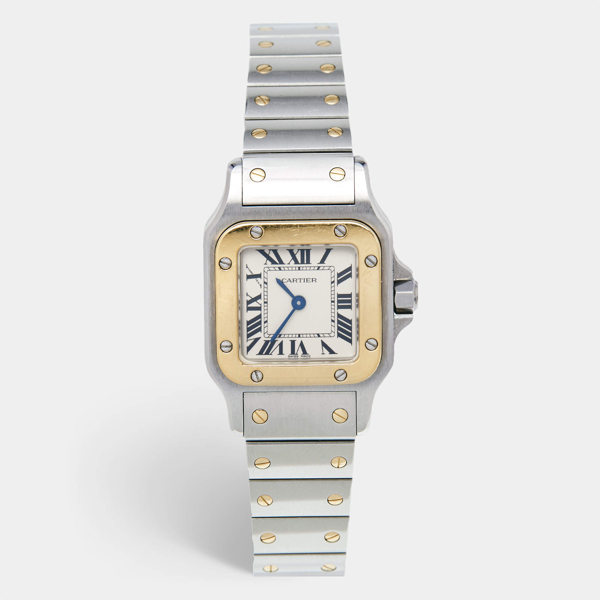 Pre Owned Cartier Cream 18k Yellow Gold Stainless Steel Santos de Cartier Galbée 3887 Women's Wristwatch 24 mm 