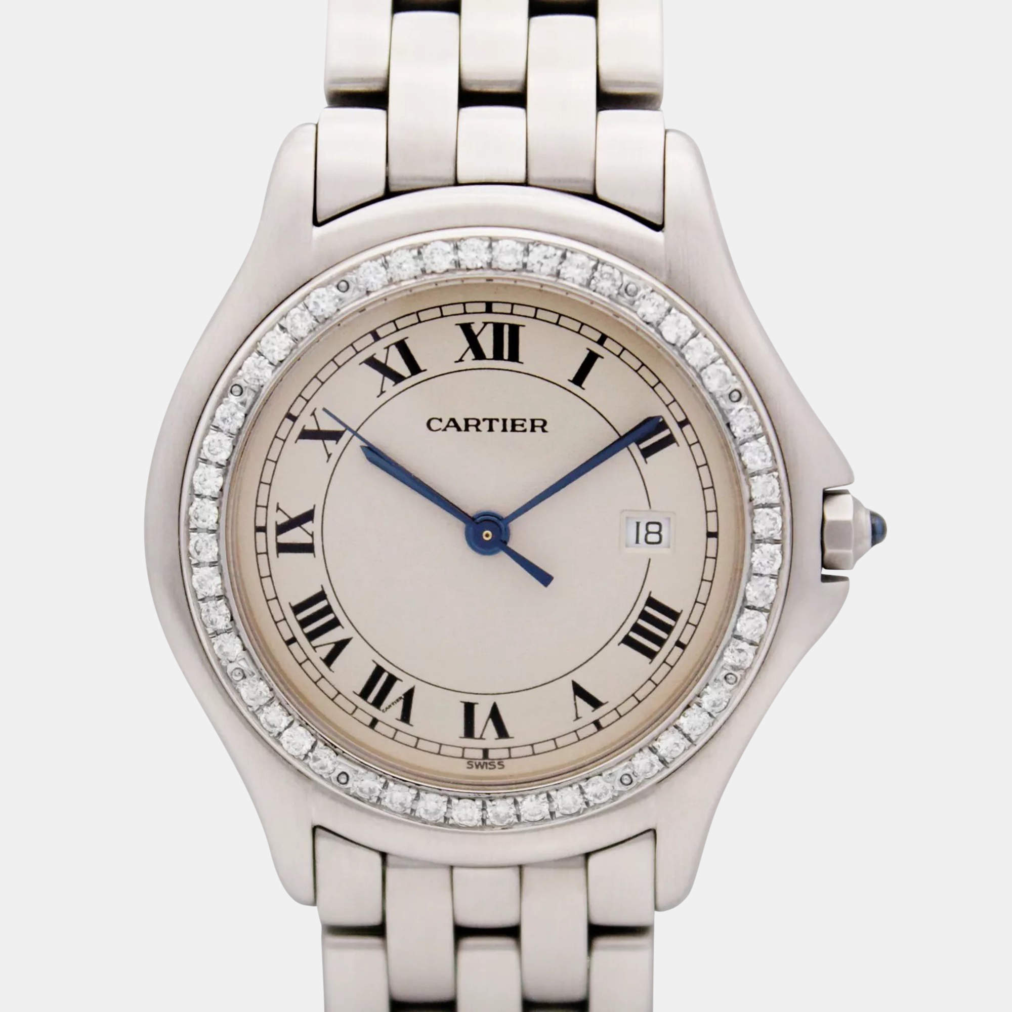 Cartier Customised Ivory 0.75CT Diamond Stainless Steel Cougar 987904C Quartz Women's Wristwatch 32mm